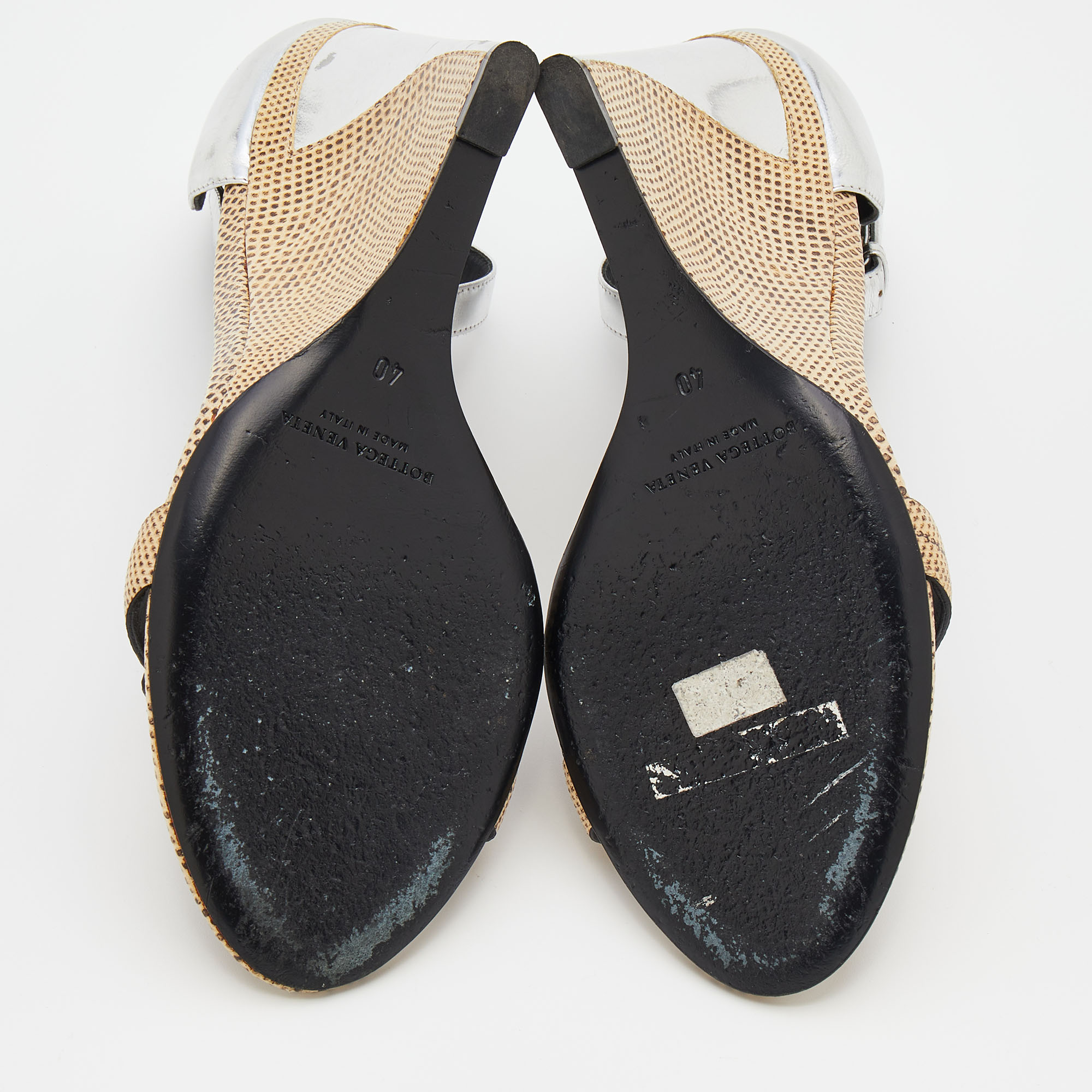 Bottega Veneta Cream/Silver Iguana And Leather Wedge Ankle Strap Sandals Size 40