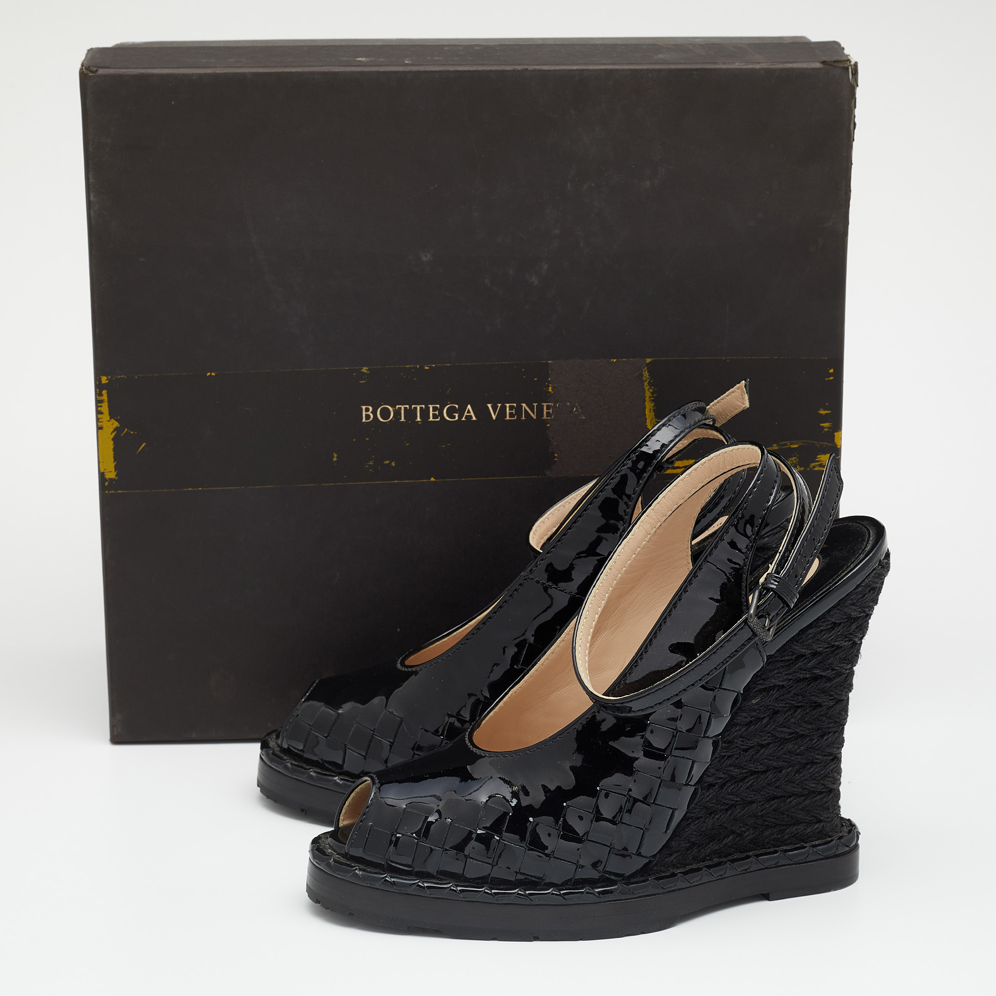 Bottega Veneta Black Intrecciato Patent Leather Wedge Sandals Size 38