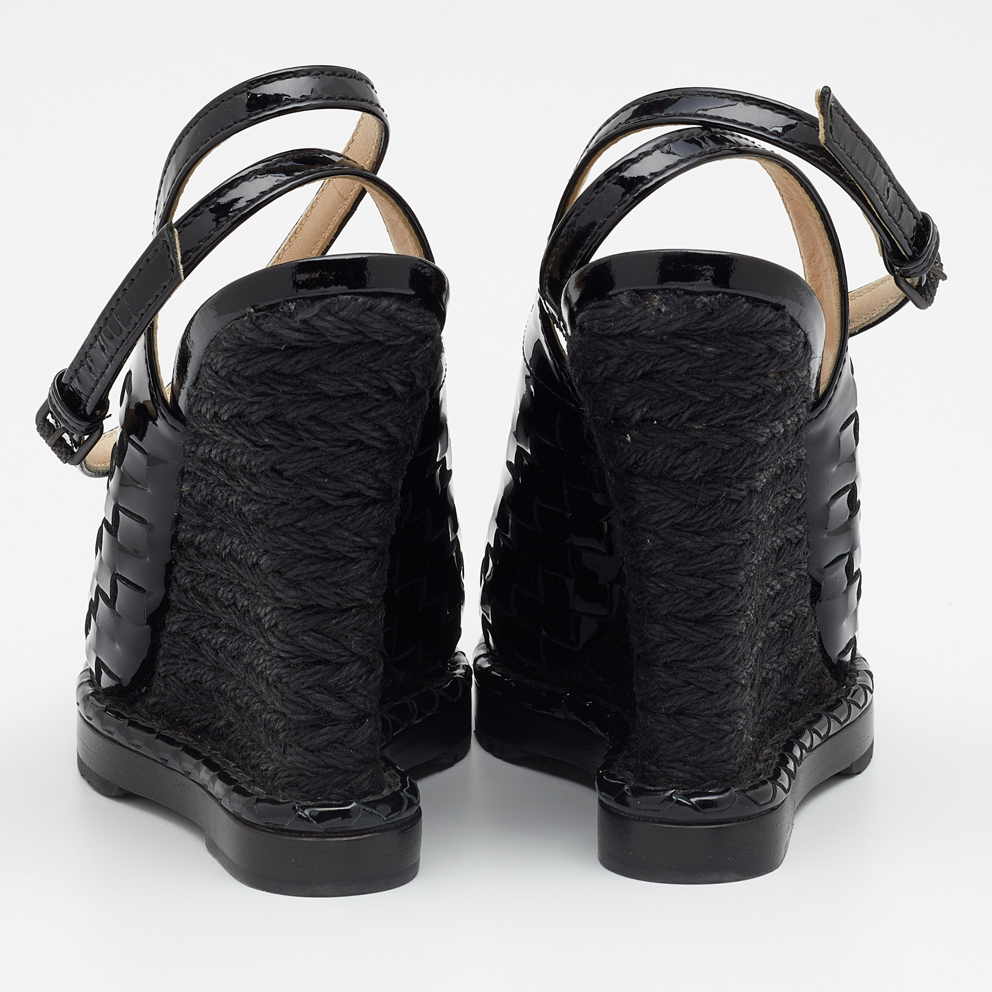 Bottega Veneta Black Intrecciato Patent Leather Wedge Sandals Size 38