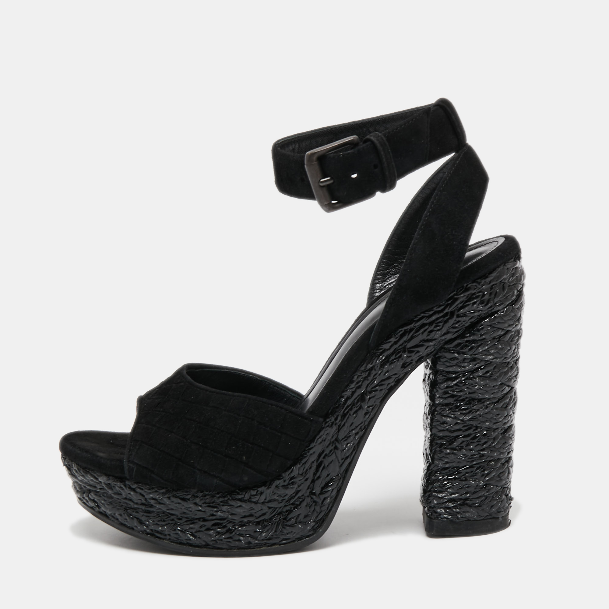 Bottega Veneta Black Intrecciato Suede Coated Espadrille Platform Sandals Size 36.5