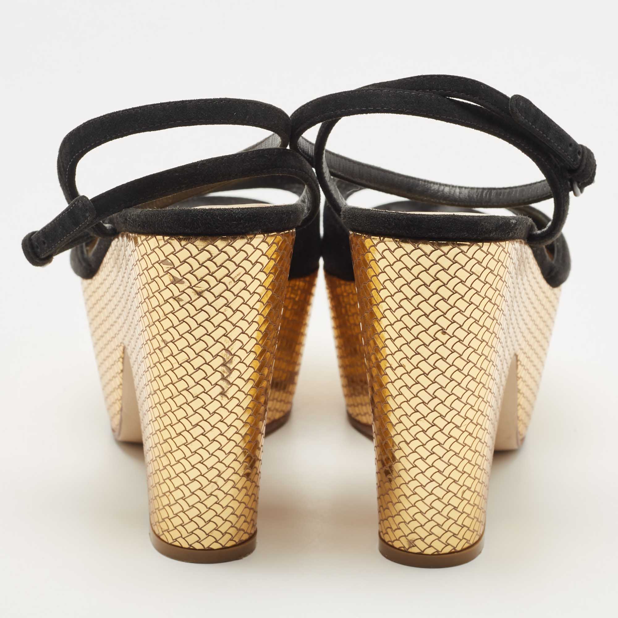 Bottega Veneta Black Suede Platform Wedge Ankle Strap Sandals Size 39.5