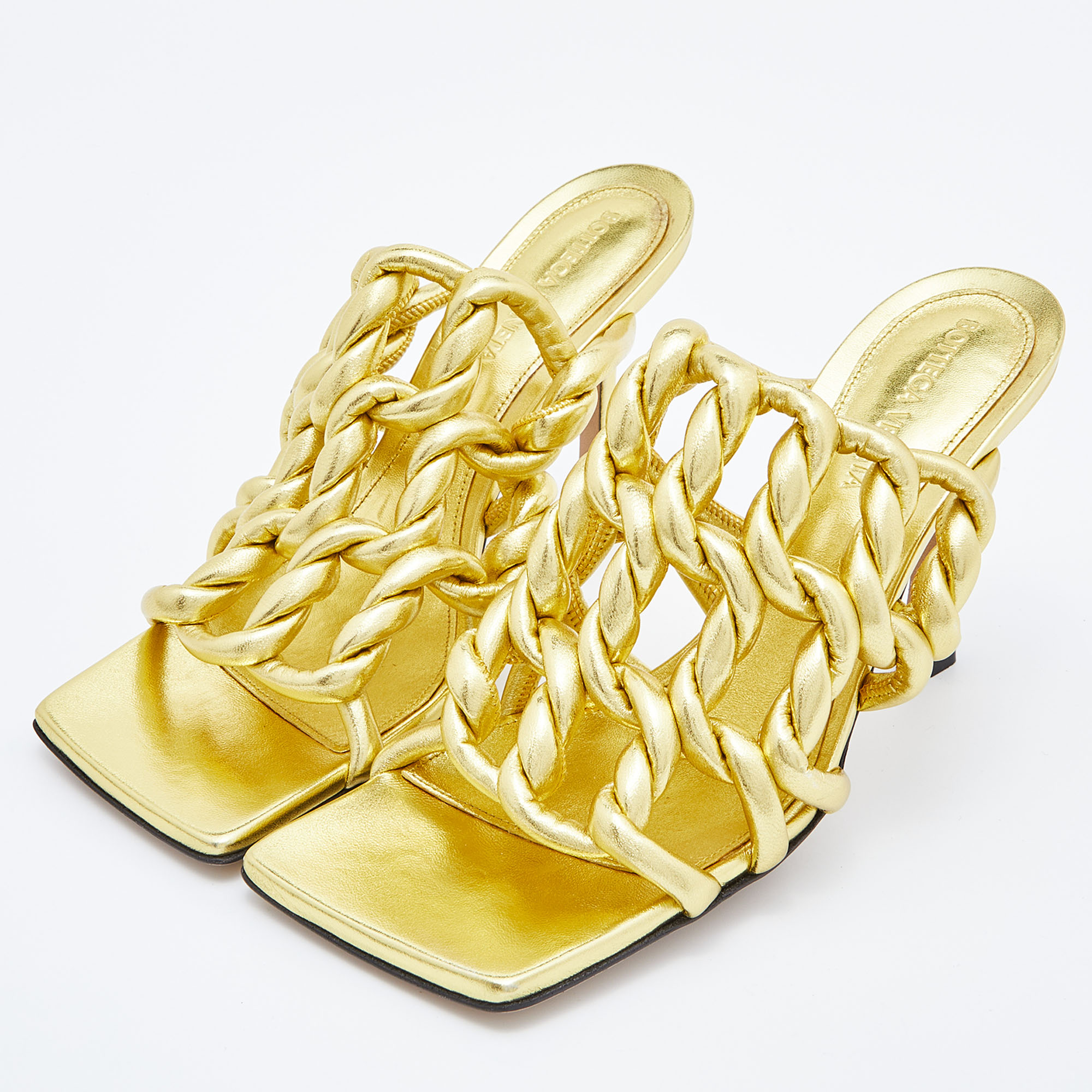 

Bottega Veneta Gold Laminated Leather Stretch Twist Kitten Heel Mules Size
