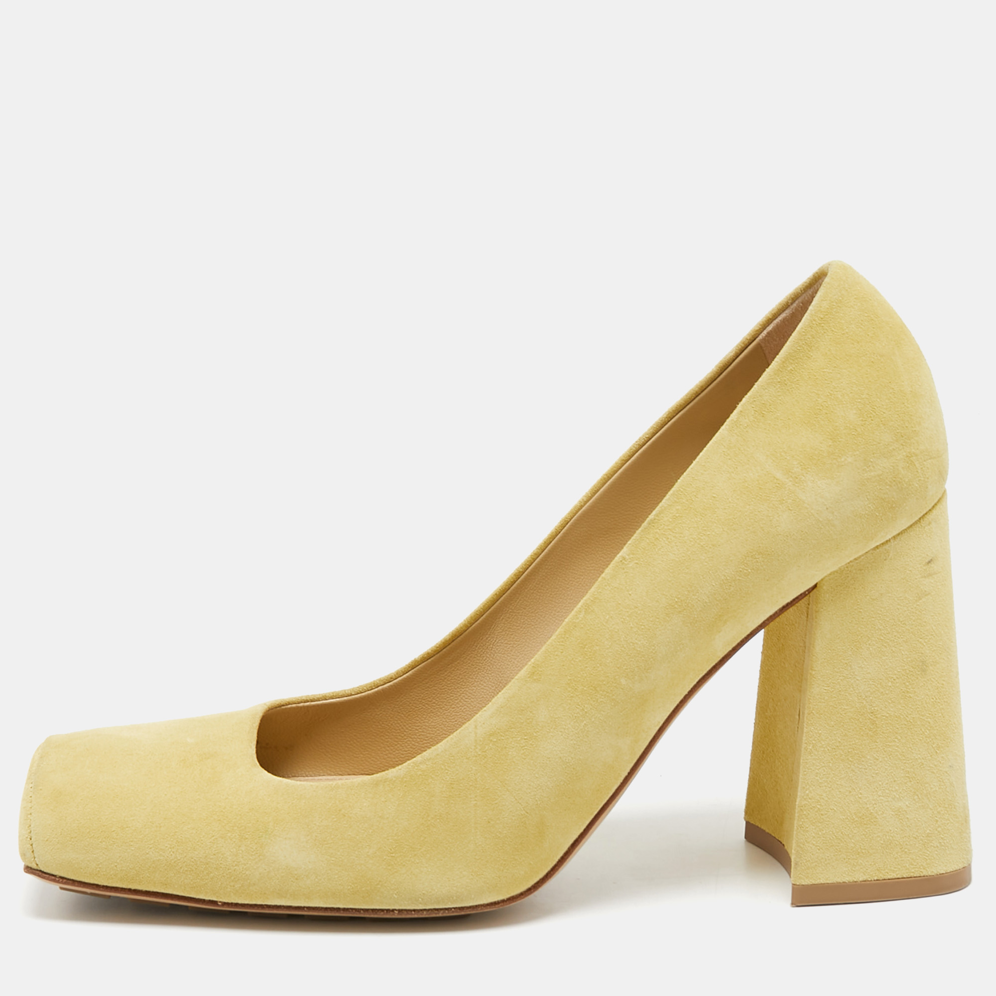 Bottega Veneta Yellow Suede Square Toe Block Heel Pumps Size 39