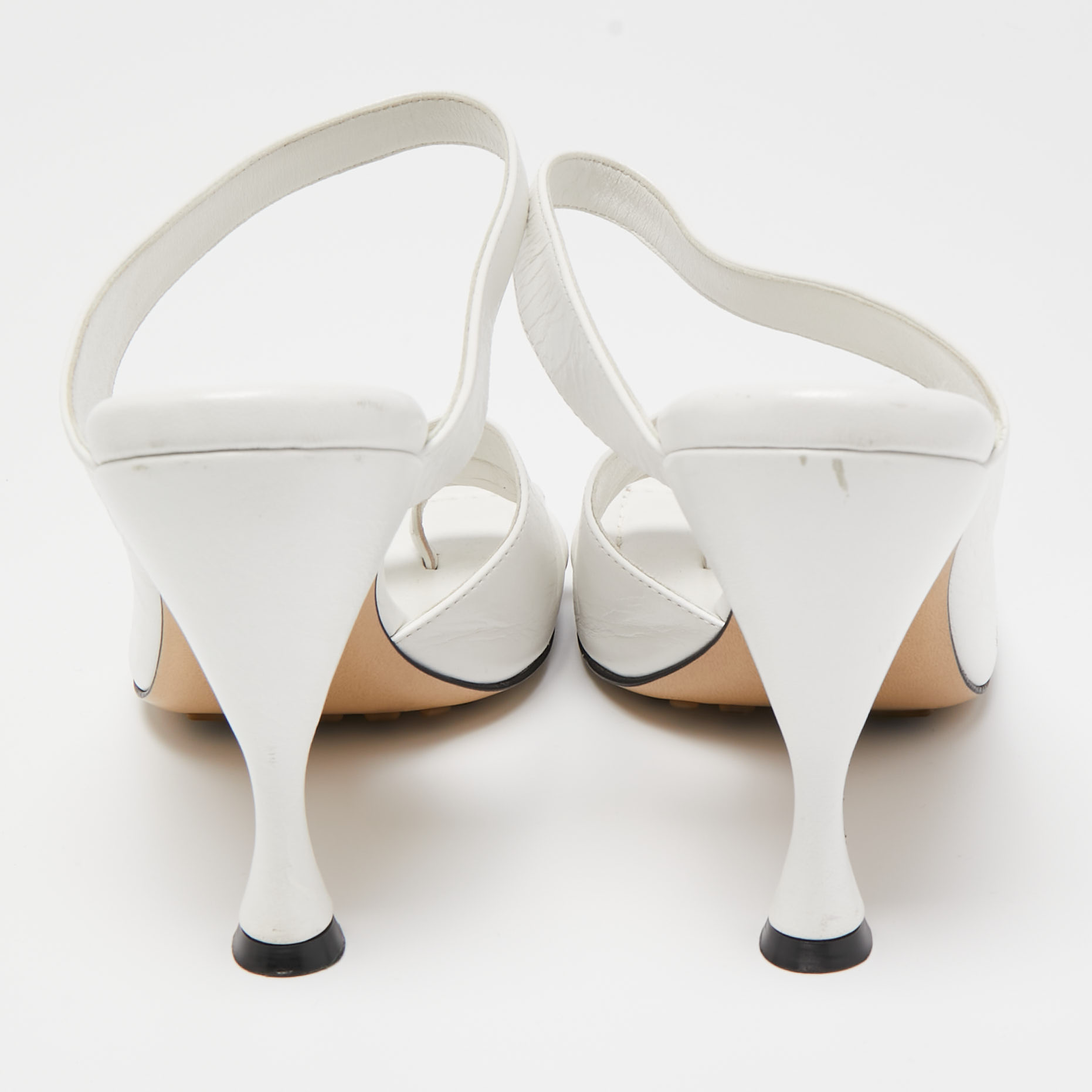 Bottega Veneta White Leather Square Toe Slides Size 38.5