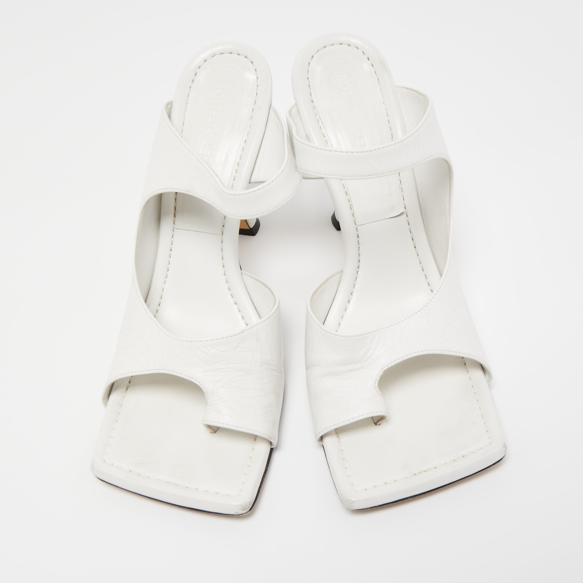 Bottega Veneta White Leather Square Toe Slides Size 38.5