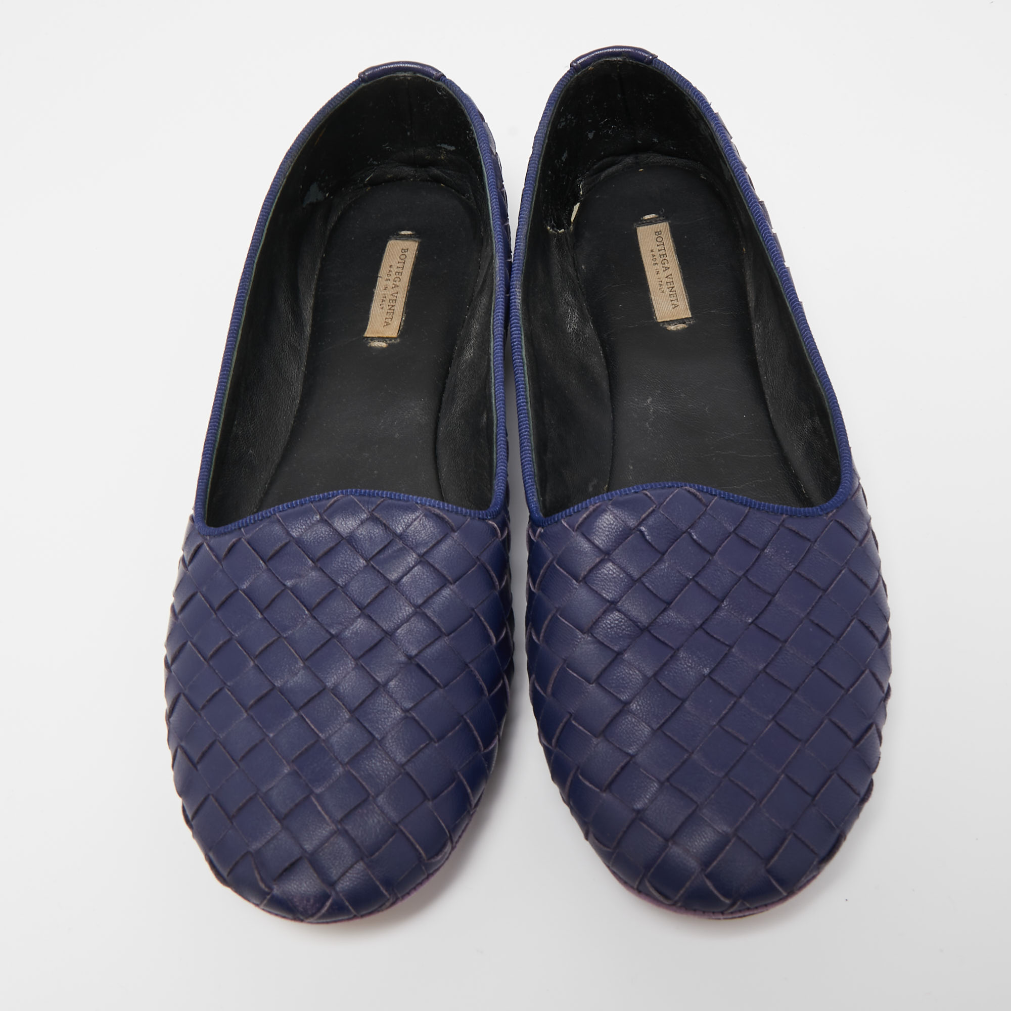 Bottega Veneta Navy Blue Intrecciato Leather Smoking Slippers Size 37