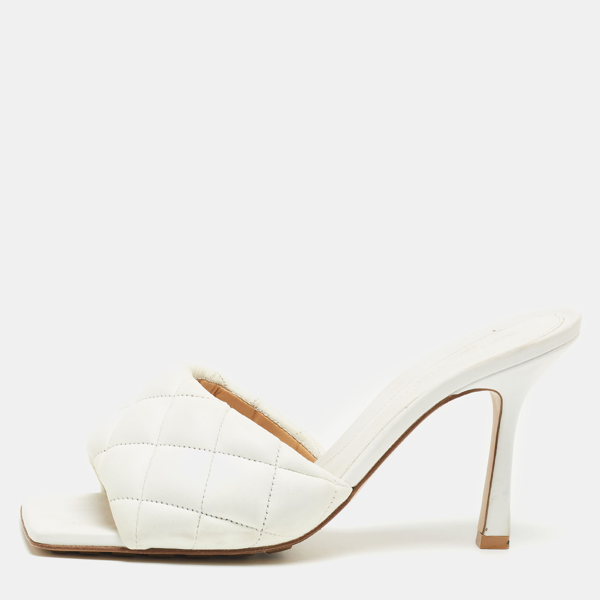Bottega Veneta White Leather Intrecciato Lido Slide Sandals Size 37.5