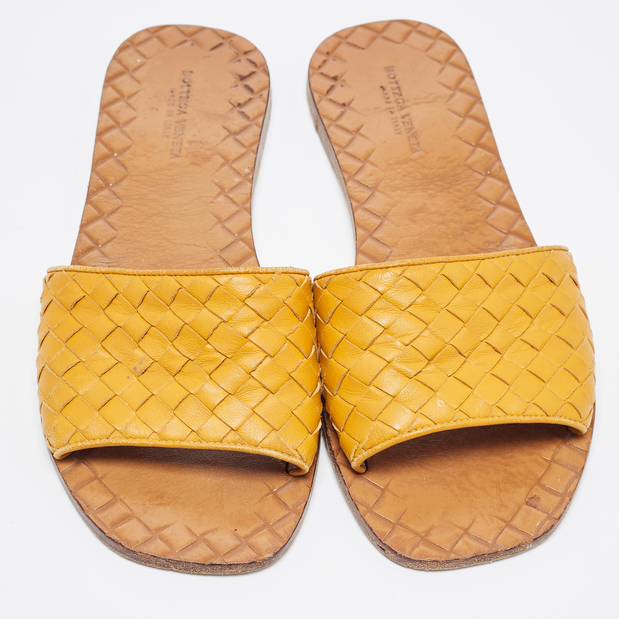 Bottega Veneta Yellow Intrecciato Leather Flat Slides Size 37