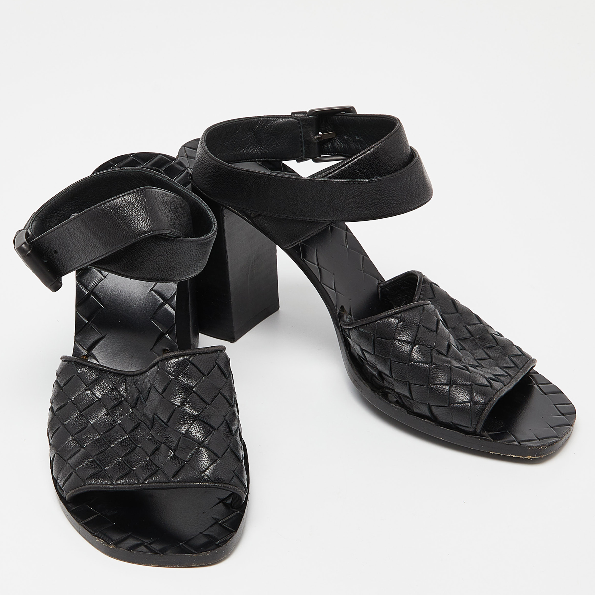Bottega Veneta Black Intrecciato Leather Ankle Wrap Sandals Size 37