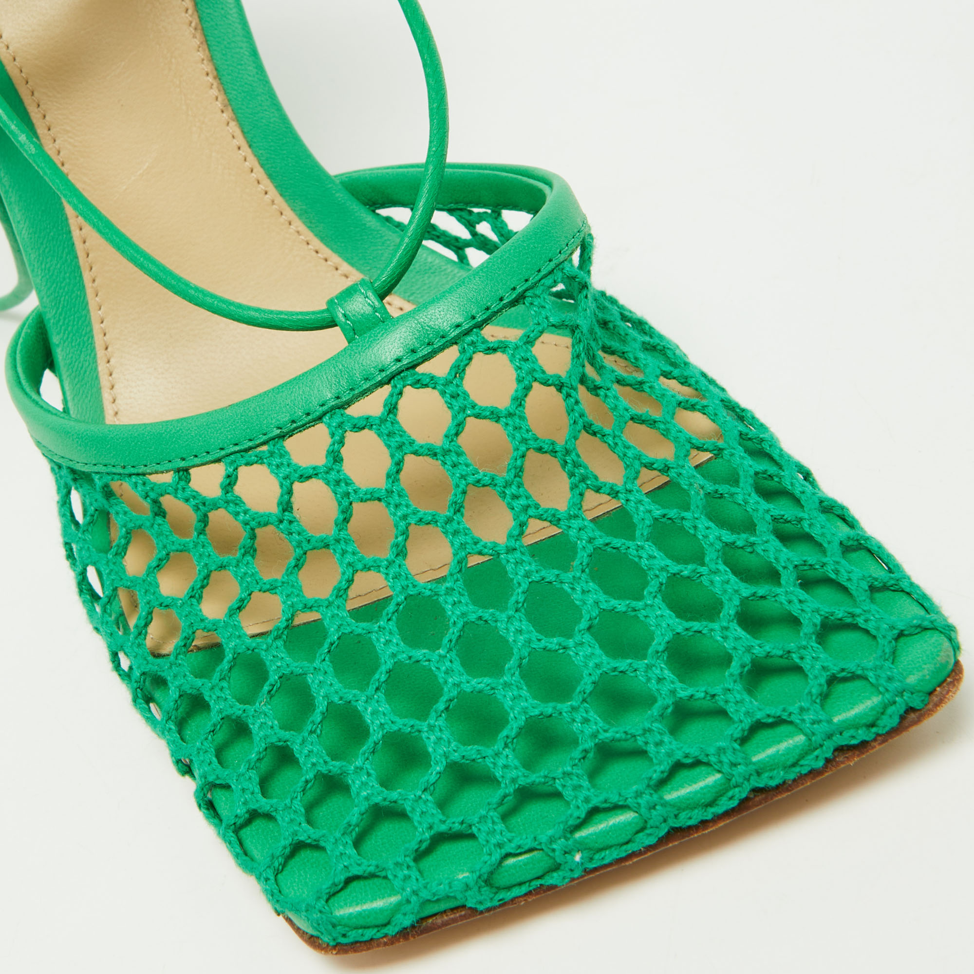 Bottega Veneta Green Mesh And Leather Stretch Ankle Tie Pumps Size 37.5