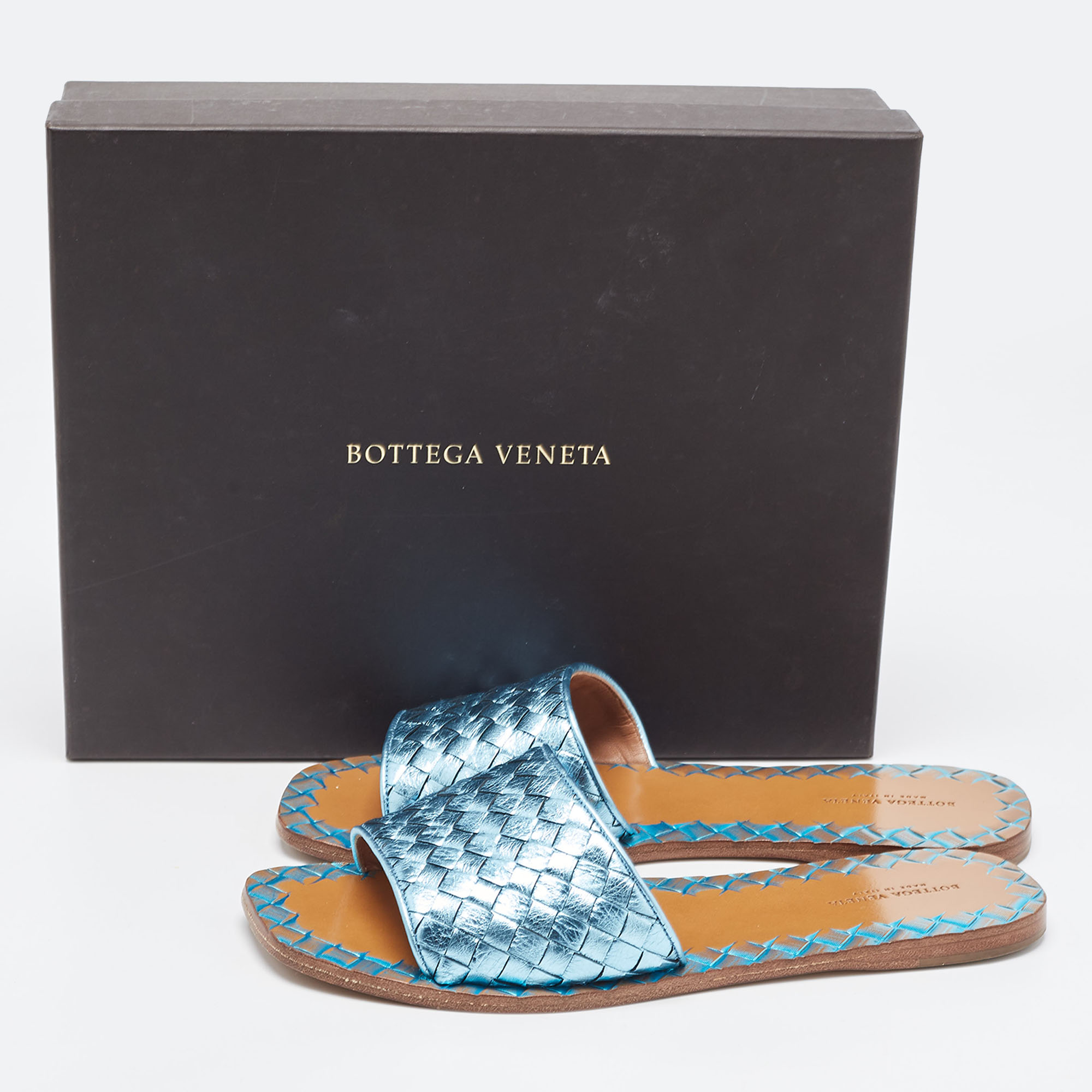 Bottega Veneta Metallic Blue Leather Flat Slides Size 38.5