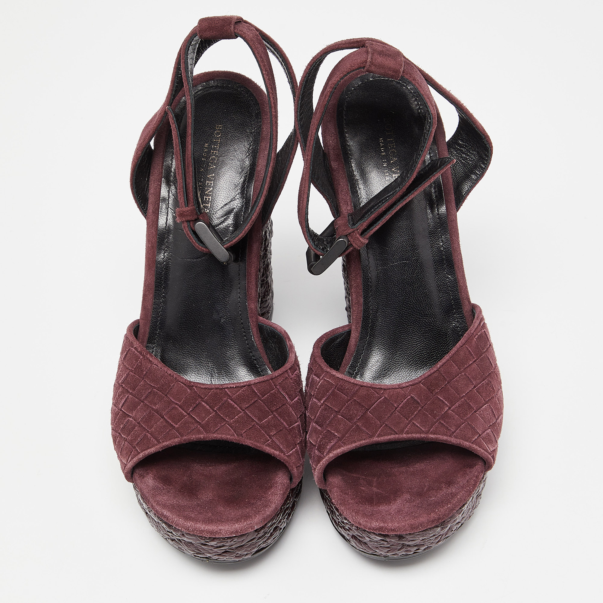 Bottega Veneta Plum Intrecciato Suede Coated Espadrille Platform Ankle Strap Sandals Size 38