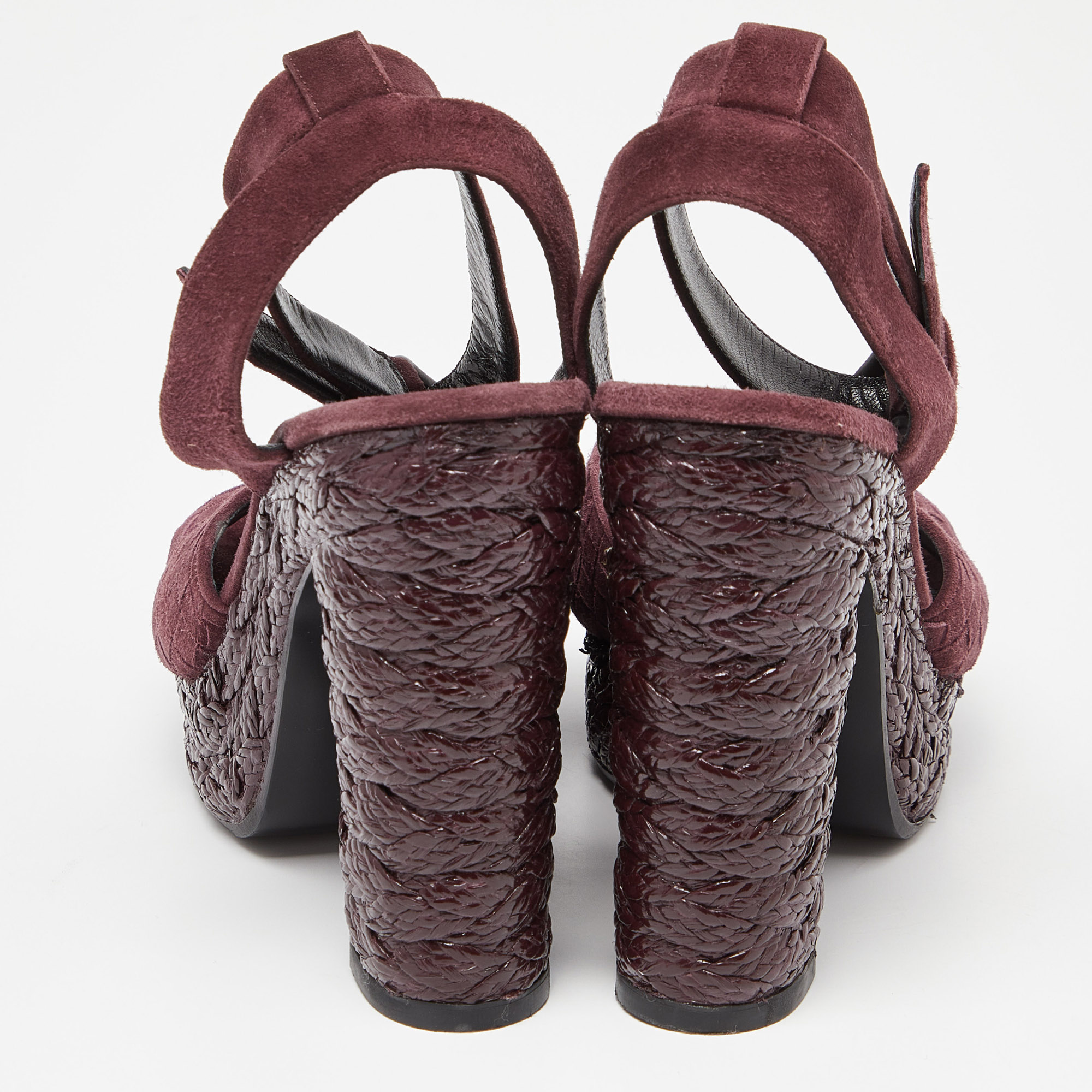 Bottega Veneta Plum Intrecciato Suede Coated Espadrille Platform Ankle Strap Sandals Size 38