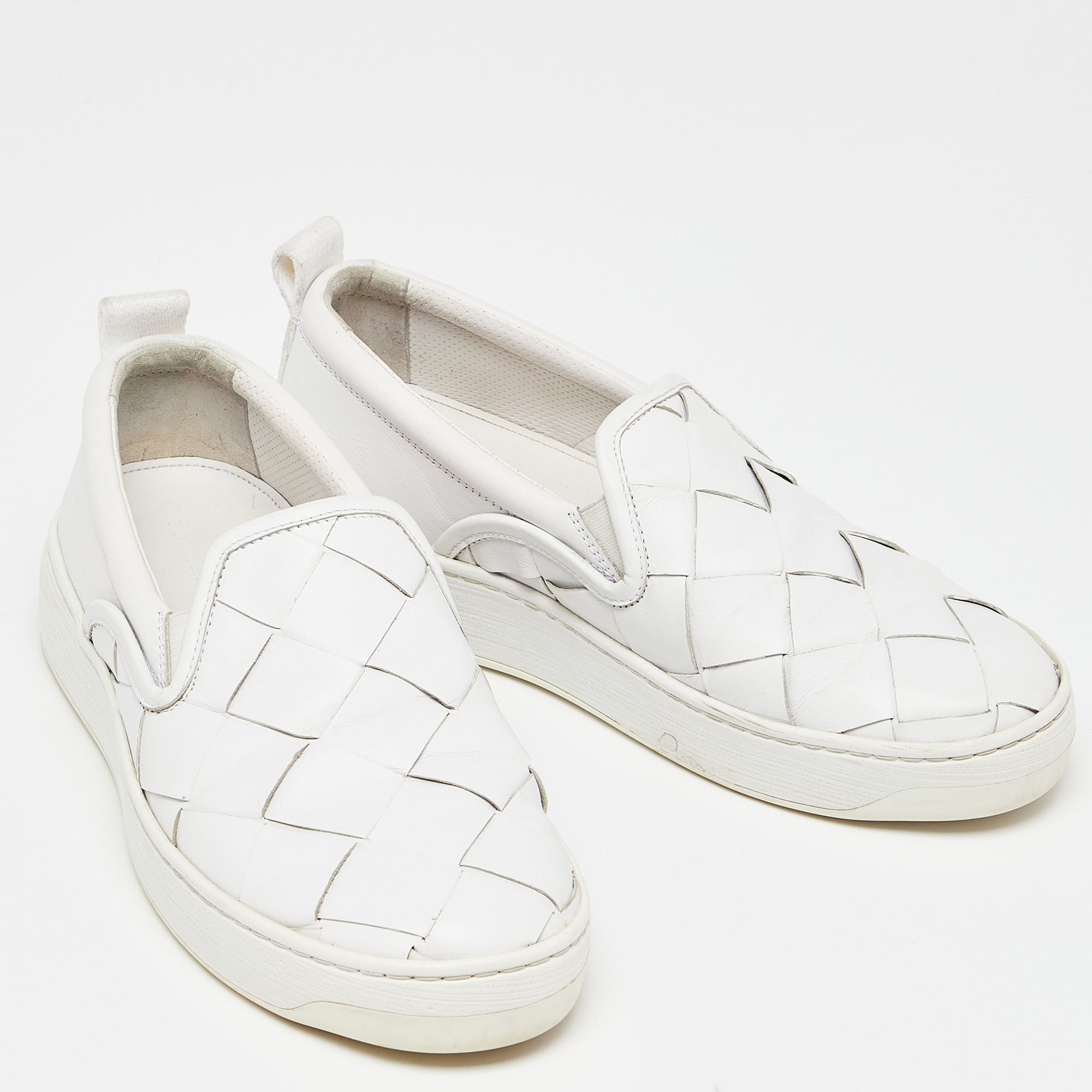 Bottega Veneta White Intrecciato Leather Slip On Sneakers Size 38