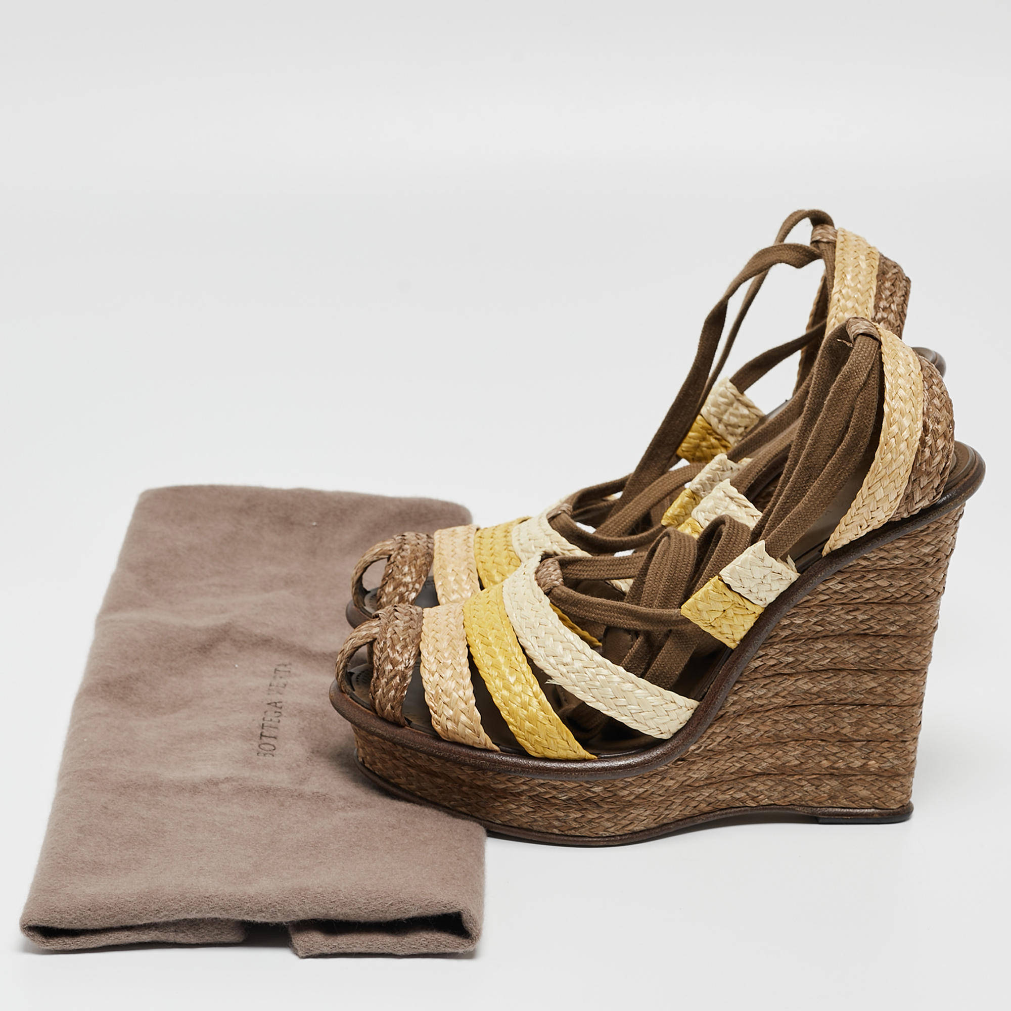 Bottega Veneta Multicolor Raffia Platform Ankle Wrap Wedge Sandals Size 39