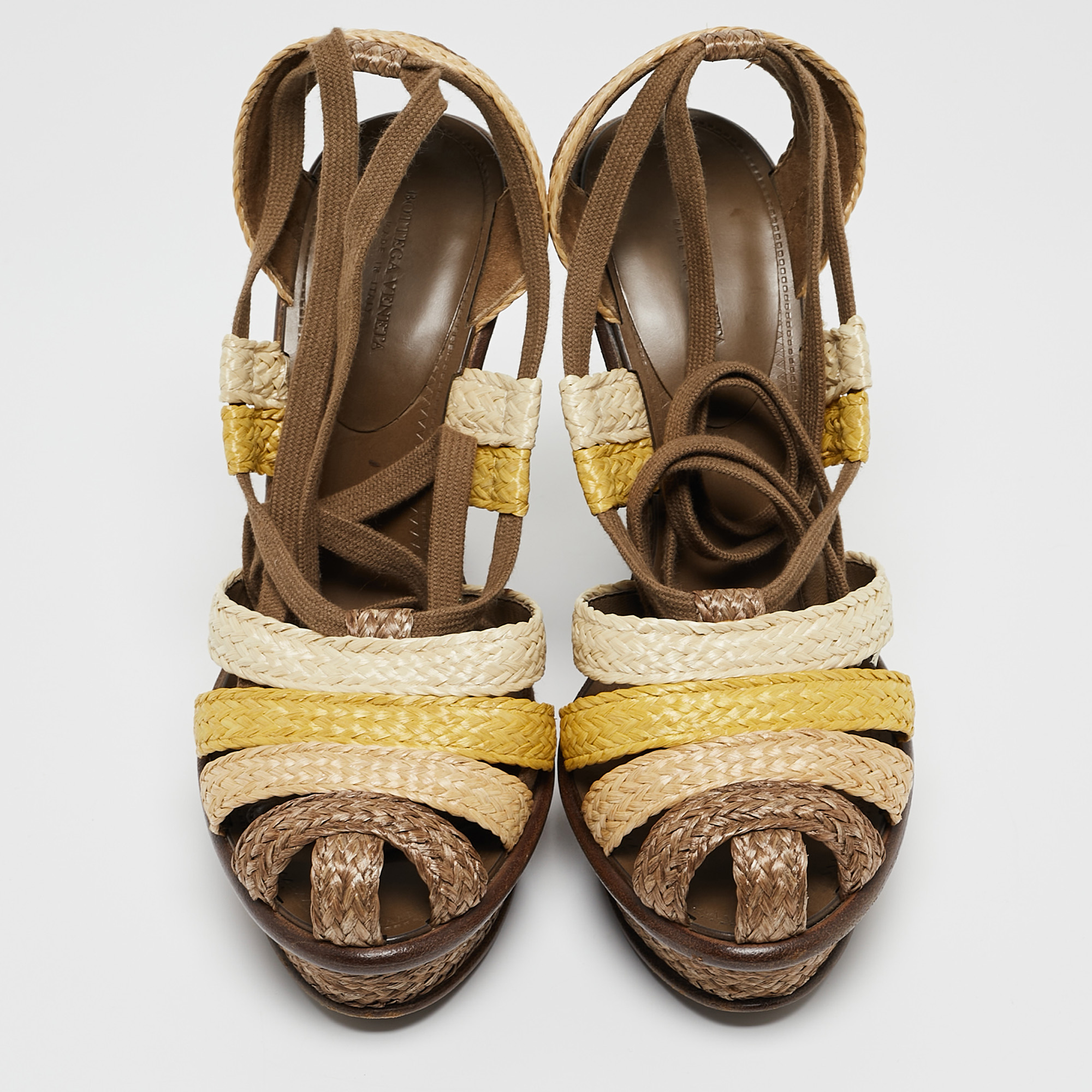 Bottega Veneta Multicolor Raffia Platform Ankle Wrap Wedge Sandals Size 39