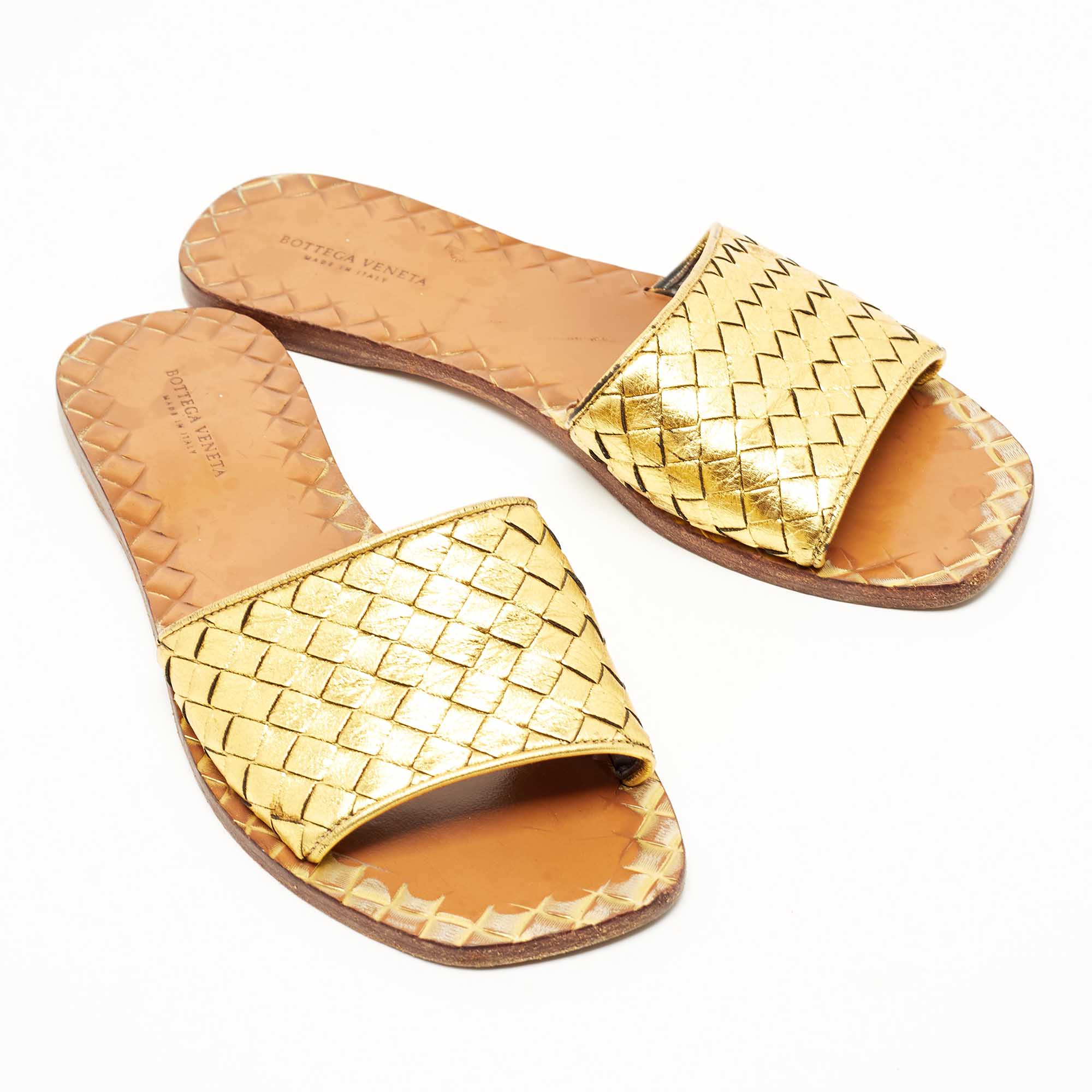 Bottega Veneta Metallic Gold Intrecciato Leather Flat Slides Size 37.5