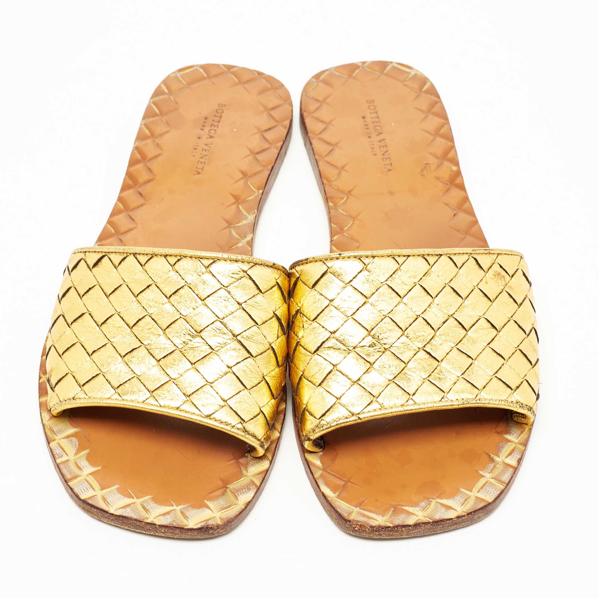 Bottega Veneta Metallic Gold Intrecciato Leather Flat Slides Size 37.5