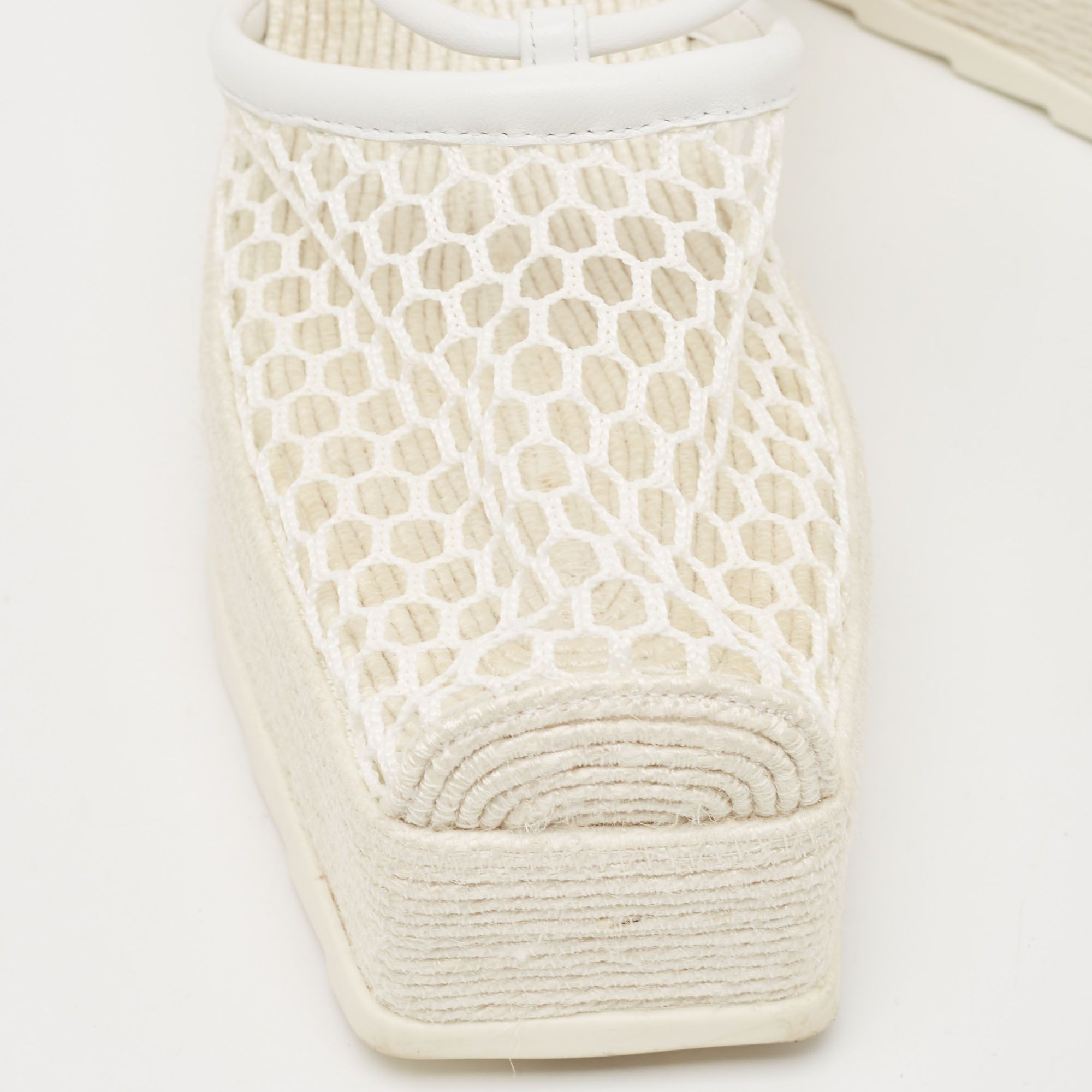 Bottega Veneta White Woven Mesh And Leather Espadrille Wedge Ankle Wrap Sandals Size 39