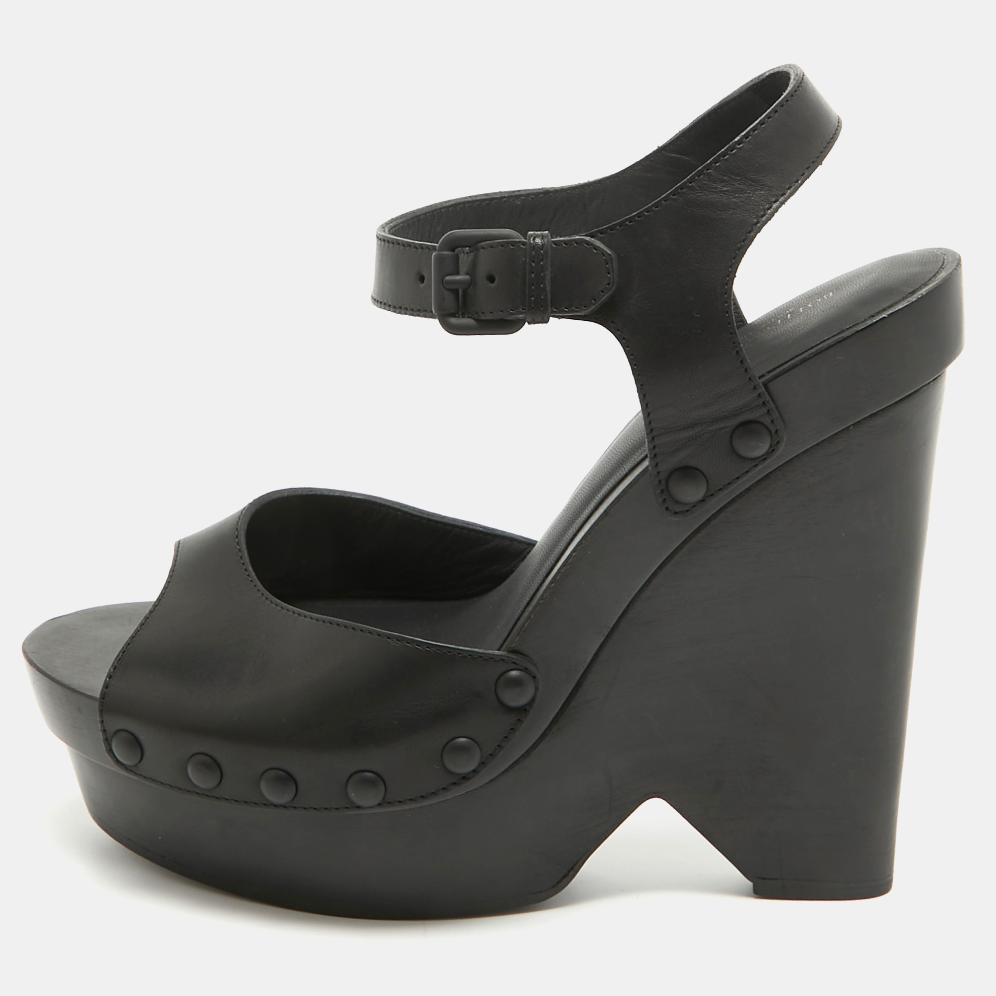Bottega veneta black leather wedge platform ankle strap sandals size 40