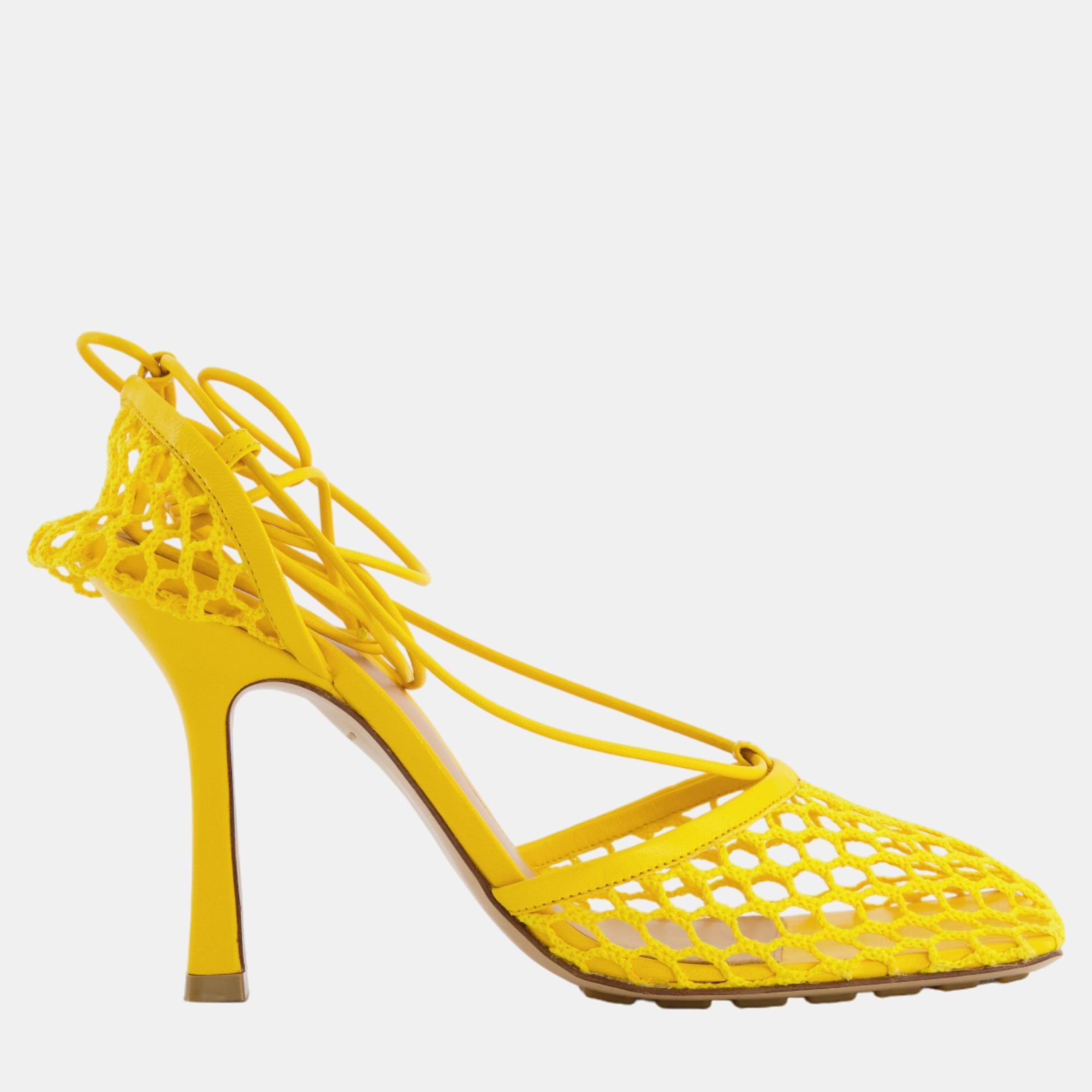 Bottega veneta yellow mesh and leather stretch lace-up sandal size eu 37