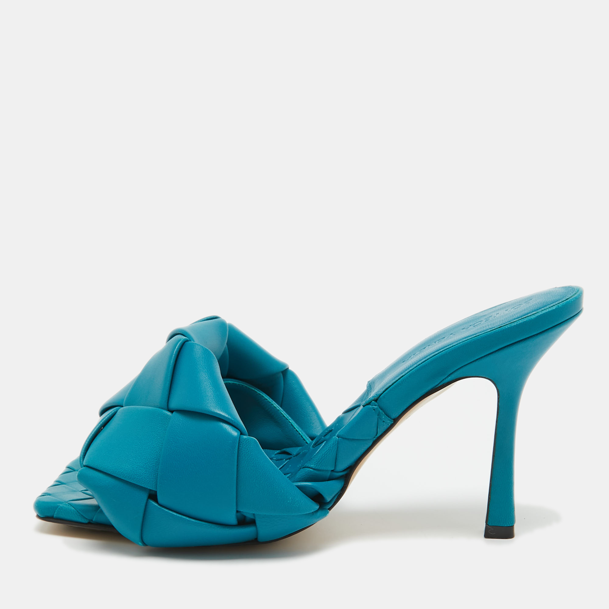 Bottega veneta blue intrecciato leather lido slide sandals size 38
