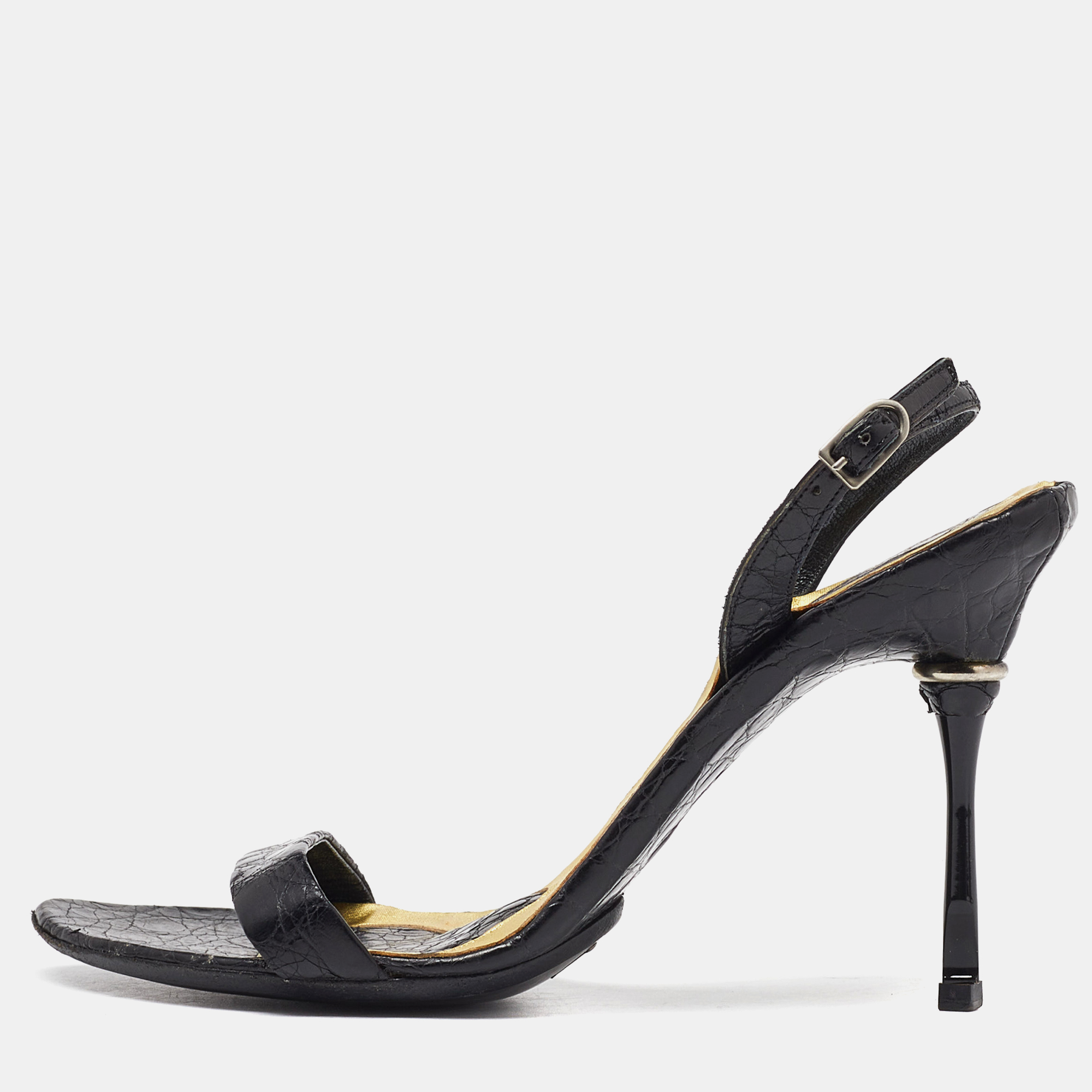 Bottega veneta black croc embossed ankle strap sandals size 35