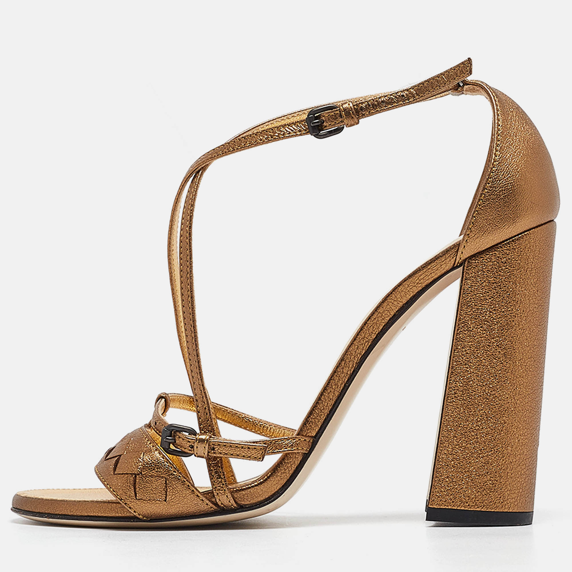 Bottega veneta metallic bronze intrecciato leather block heel sandals size 39