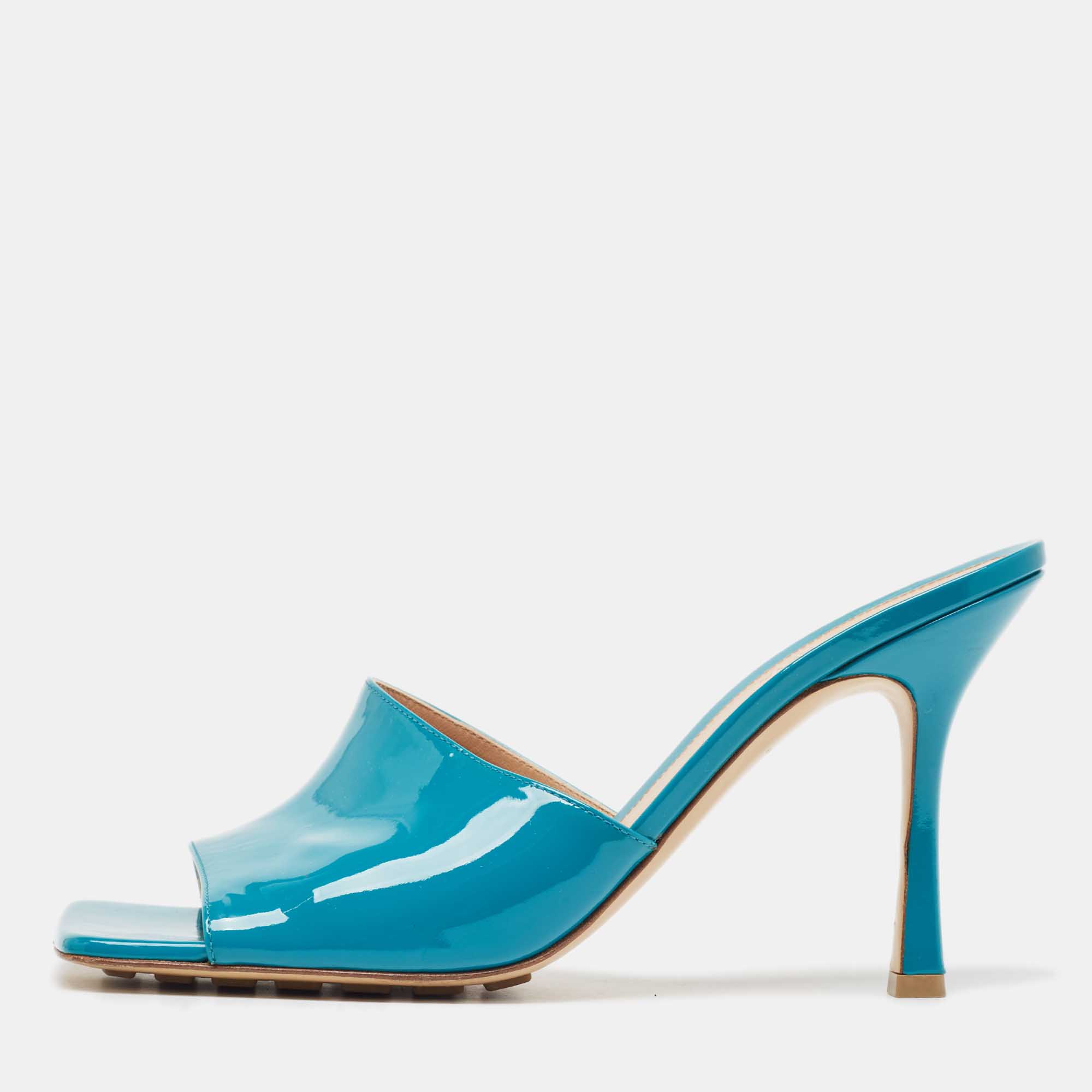 Bottega veneta turquoise blue patent leather stretch square toe slide sandals size 41