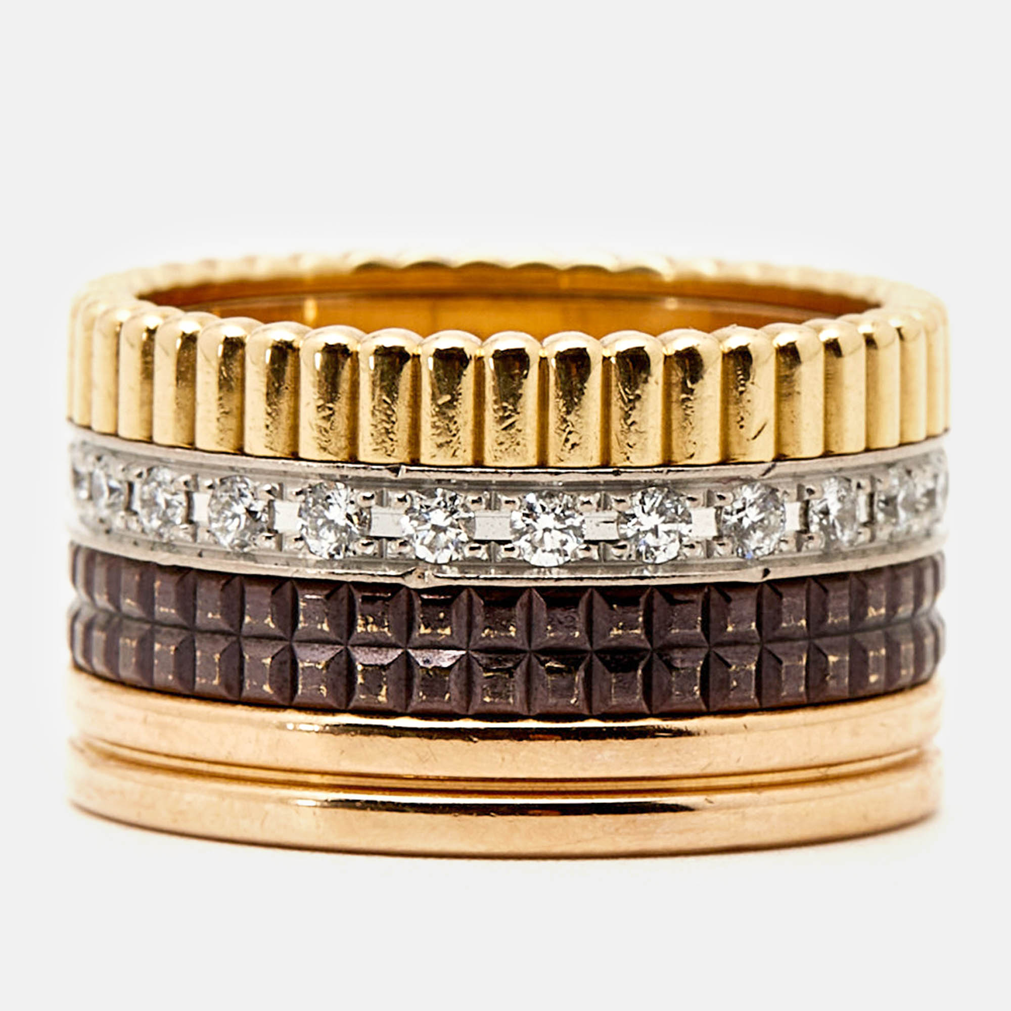 Boucheron Quatre Classique Diamonds PVD 18k Three Tone Gold Ring Size 52