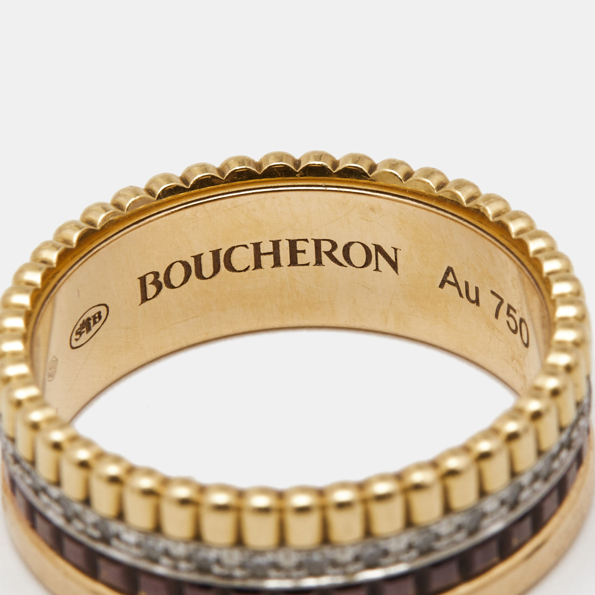 Boucheron Quatre Classique Diamonds 18k Three Tone Gold Small Ring Size 52