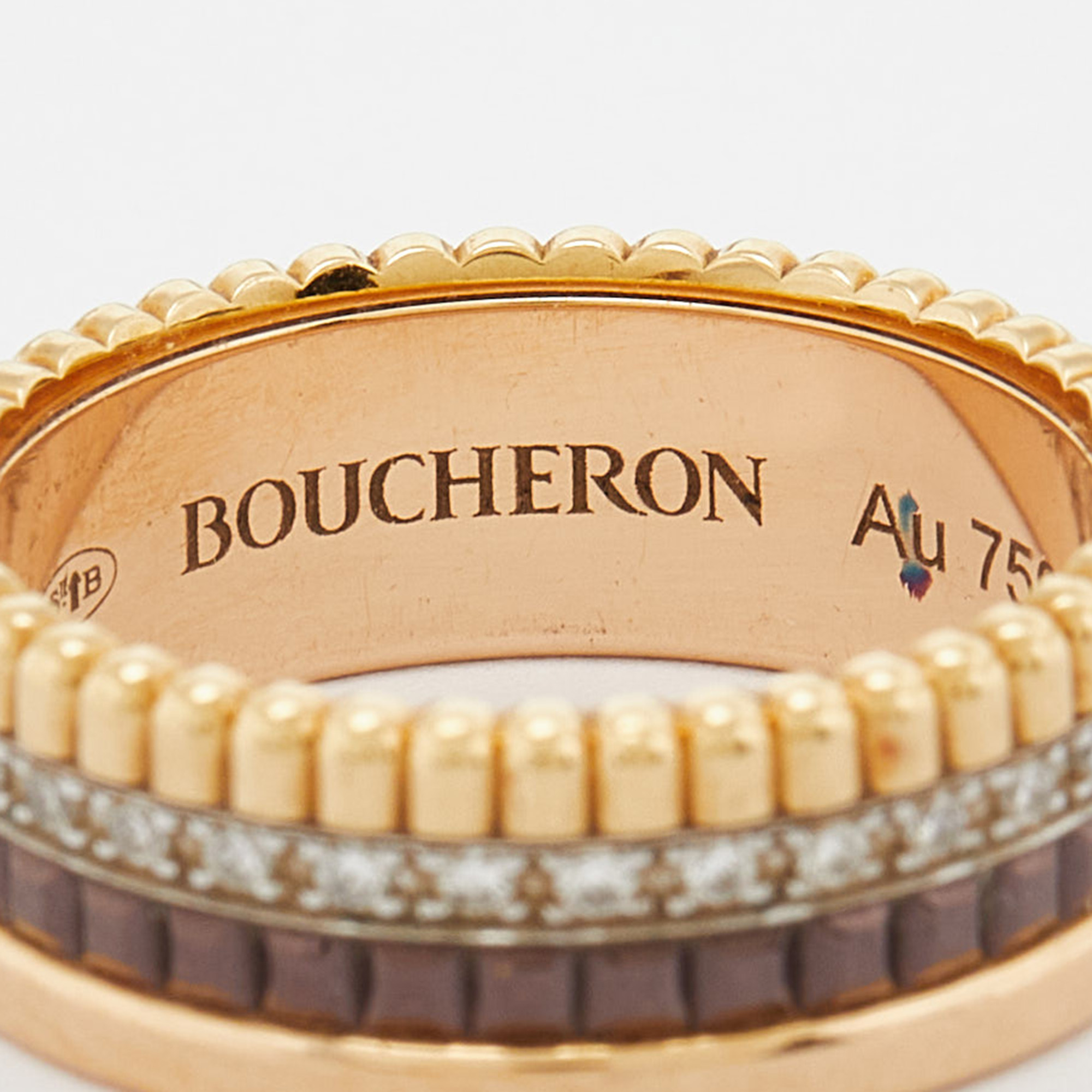 Boucheron Quatre Classique Diamonds 18k Three Tone Gold Small Band Ring Size 51
