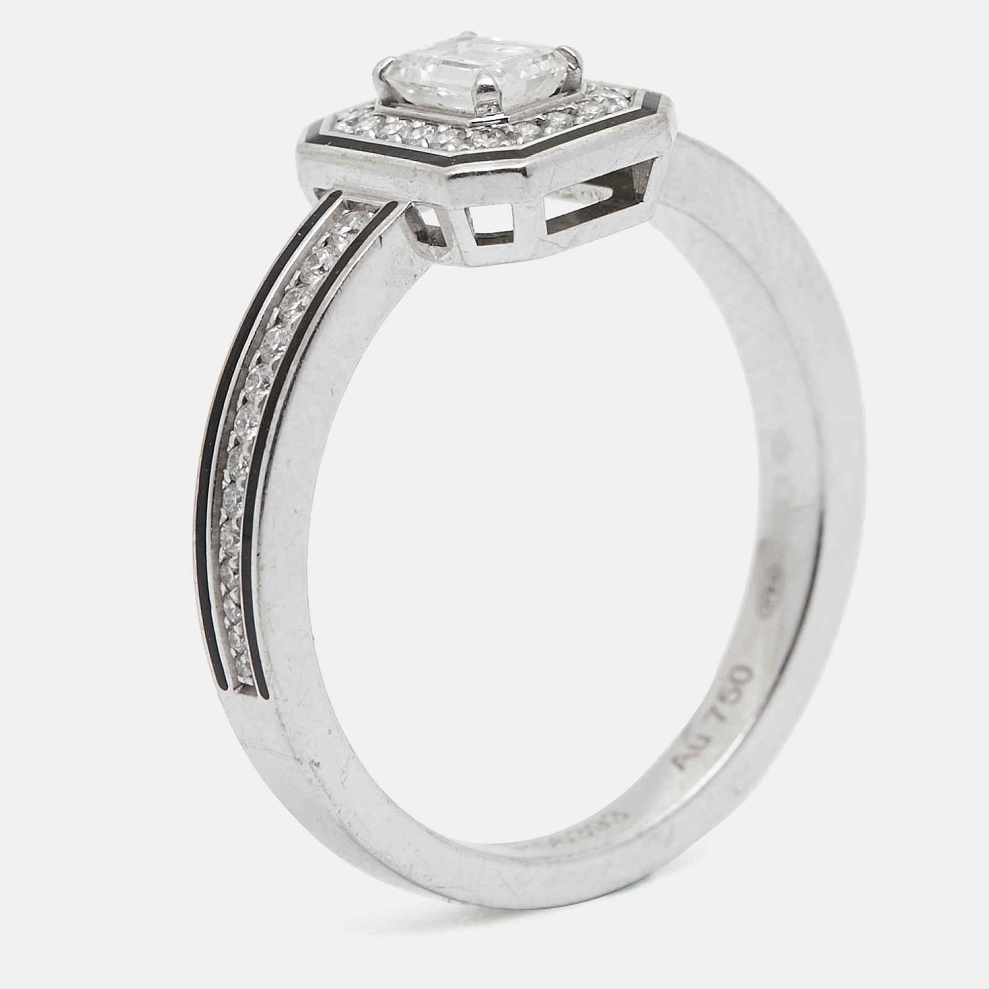 Boucheron vend&ocirc;me liser&eacute; diamonds black lacquer 18k white gold ring size 54