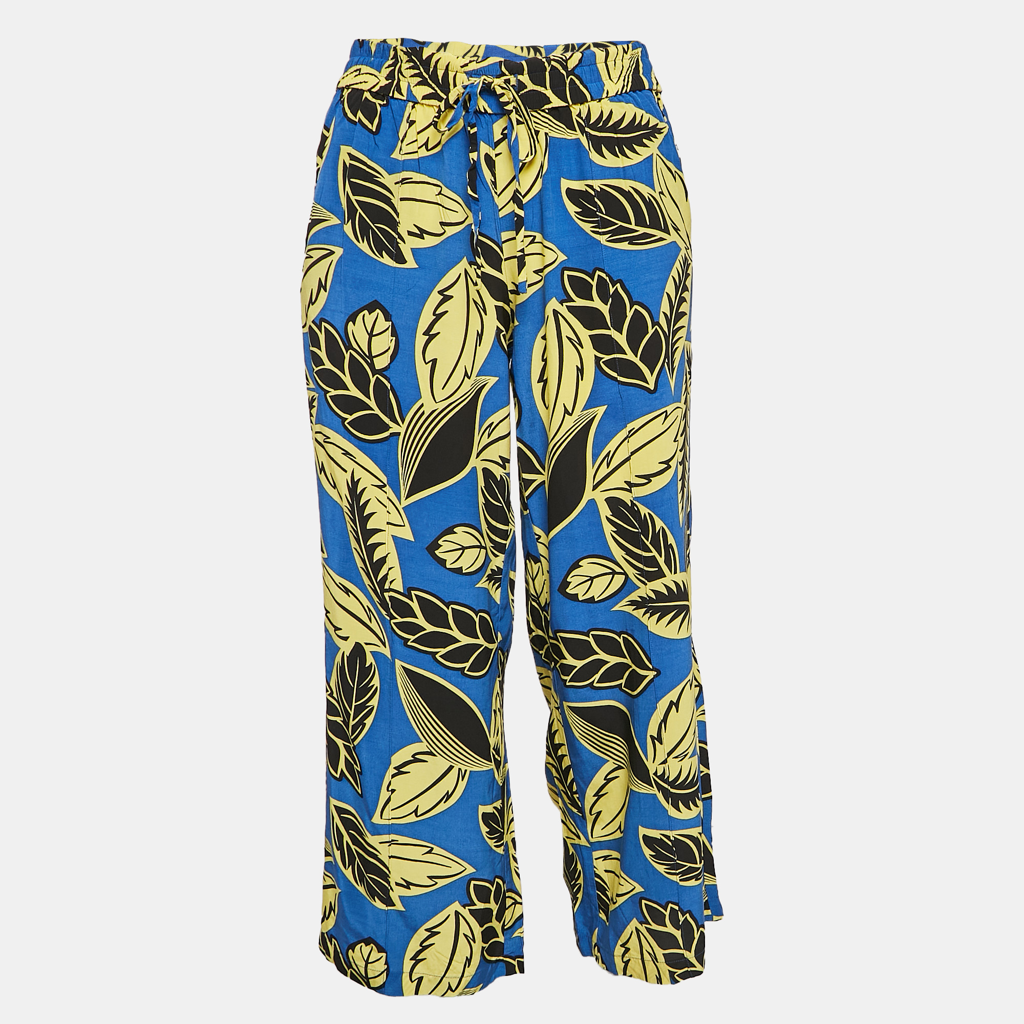 Boutique Moschino Blue/Yellow Leaf Print Crepe Trousers M