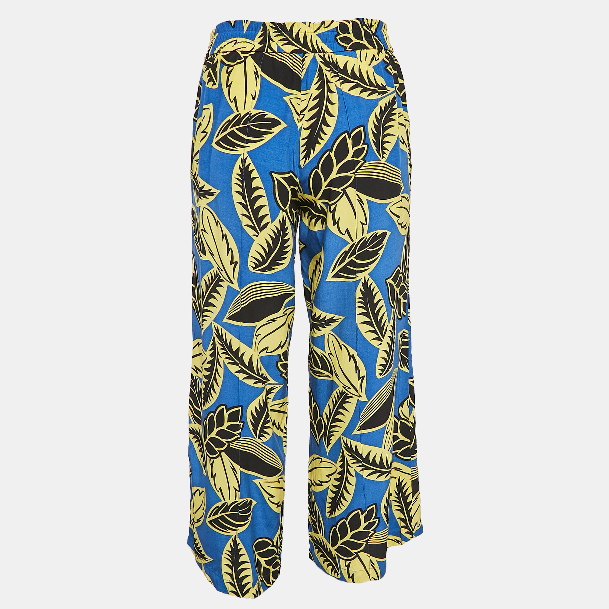 Boutique Moschino Blue/Yellow Leaf Print Crepe Trousers M