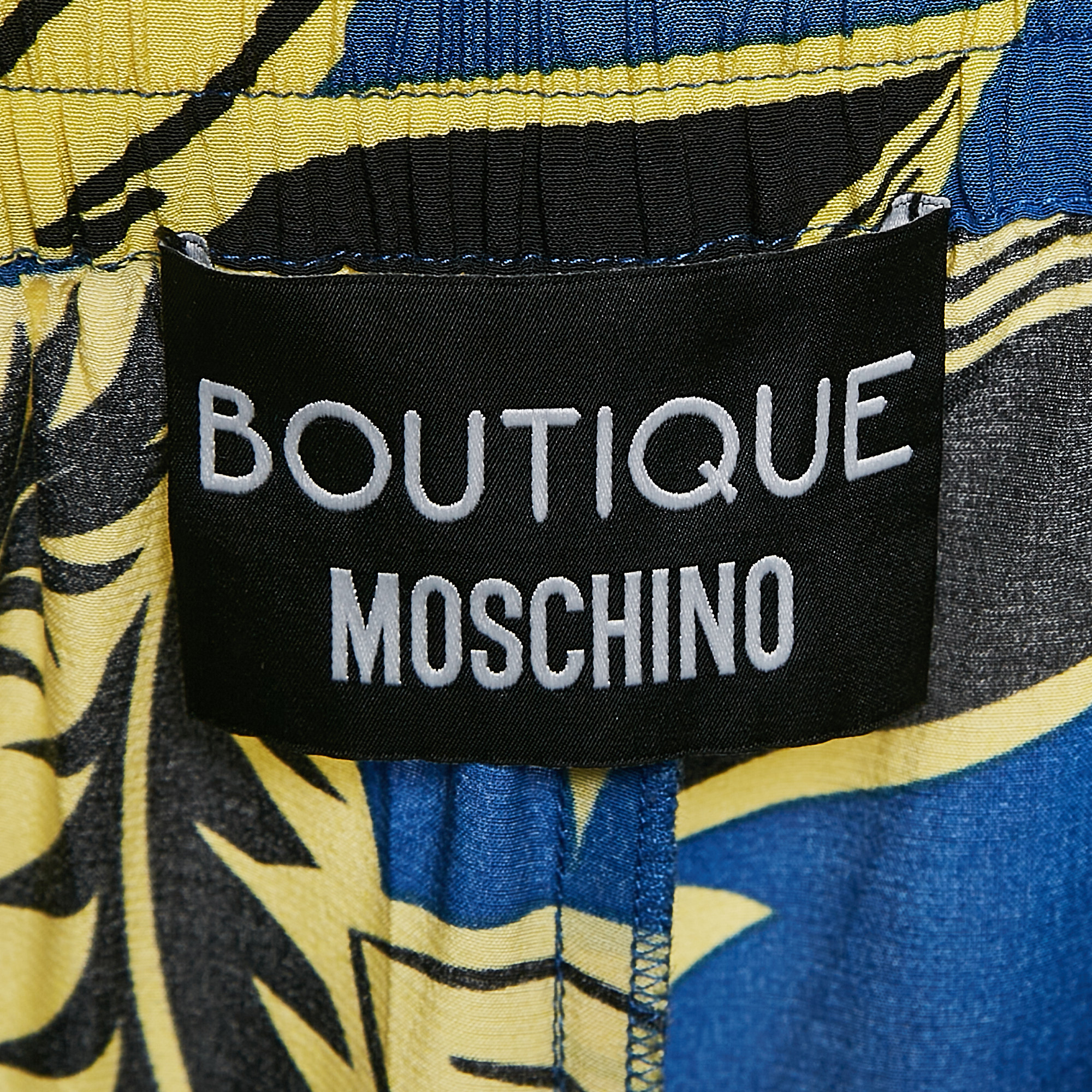 Boutique Moschino Blue/Yellow Leaf Print Crepe Trousers M