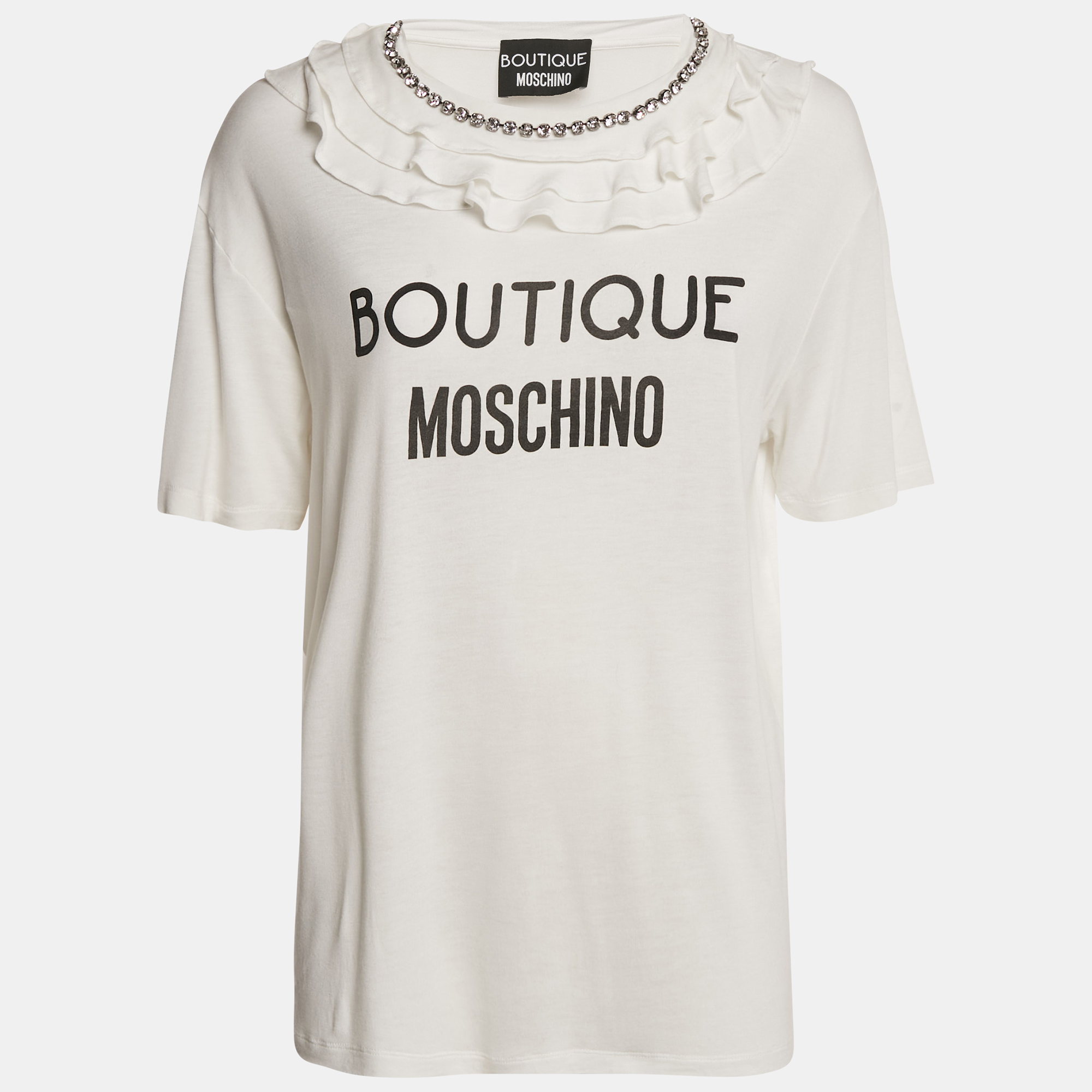 Boutique Moschino White Logo Print Jersey Crystal Embellished and Ruffled T-Shirt M
Boutique Moschino White Logo Print Jersey Crystal Embellished and Ruffled T-Shirt M
