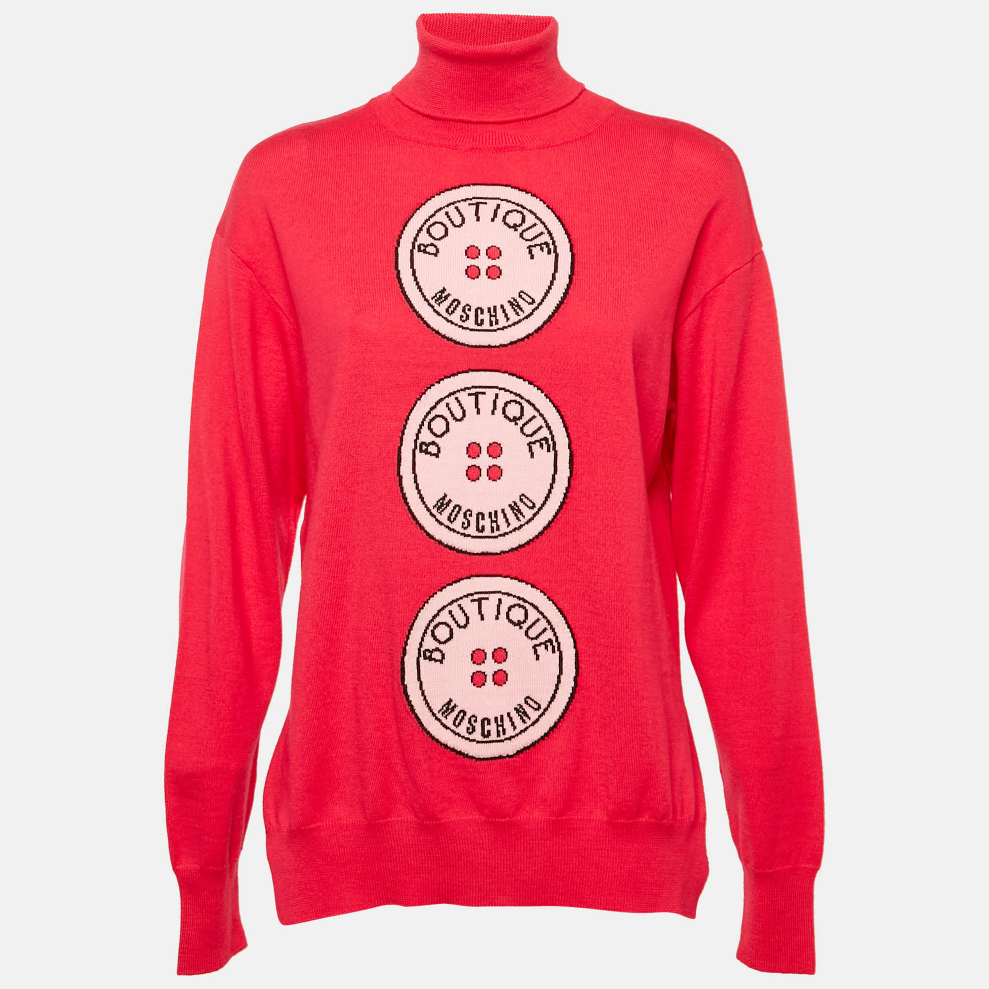 Boutique Moschino Pink Button Intarsia Wool Knit Turtle Neck Sweater M
Boutique Moschino Pink Button Intarsia Wool Knit Turtle Neck Sweater M