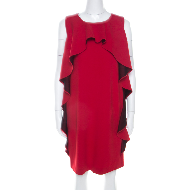 Image of Boutique Moschino Red Crepe Knit Ruffle Front Sleeveless Shift Dress M