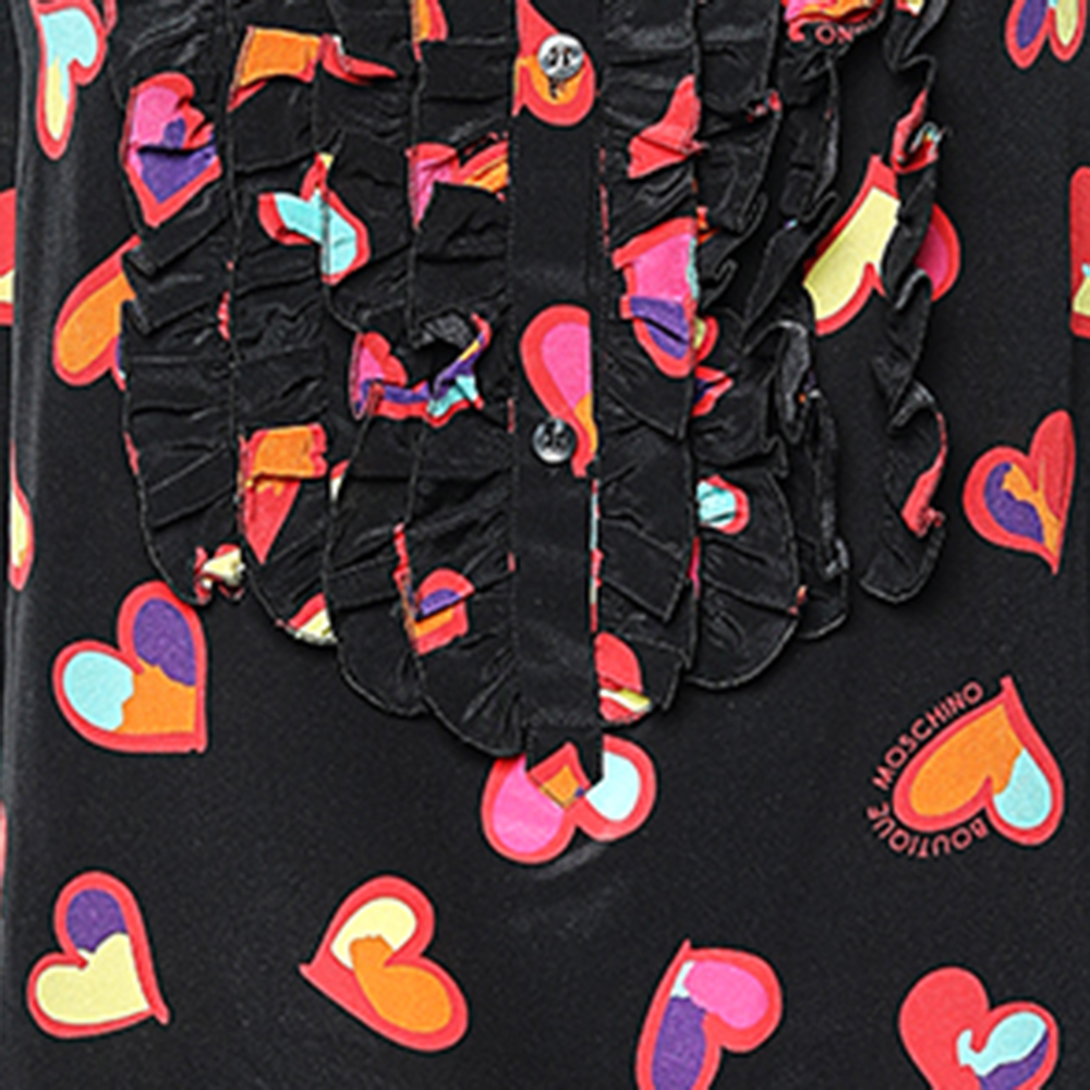 Boutique Moschino Black Heart Print Silk Top L