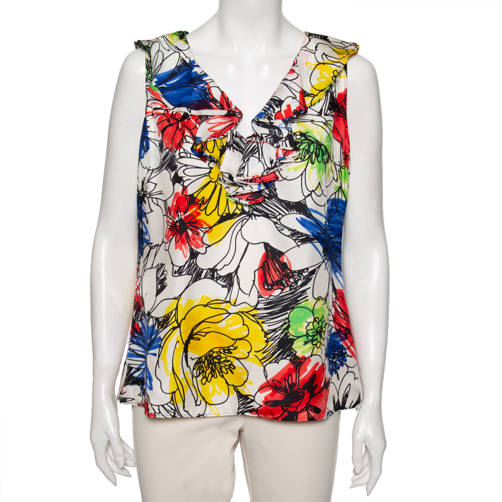 Boutique Moschino Multicolor Floral Printed Ruffled Front Sleeveless Top L