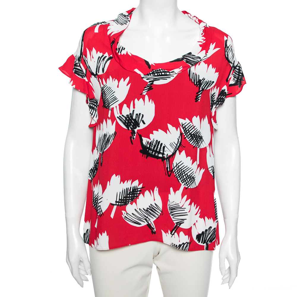 Boutique Moschino Red Printed Crepe Ruffle Cap Sleeves Top S