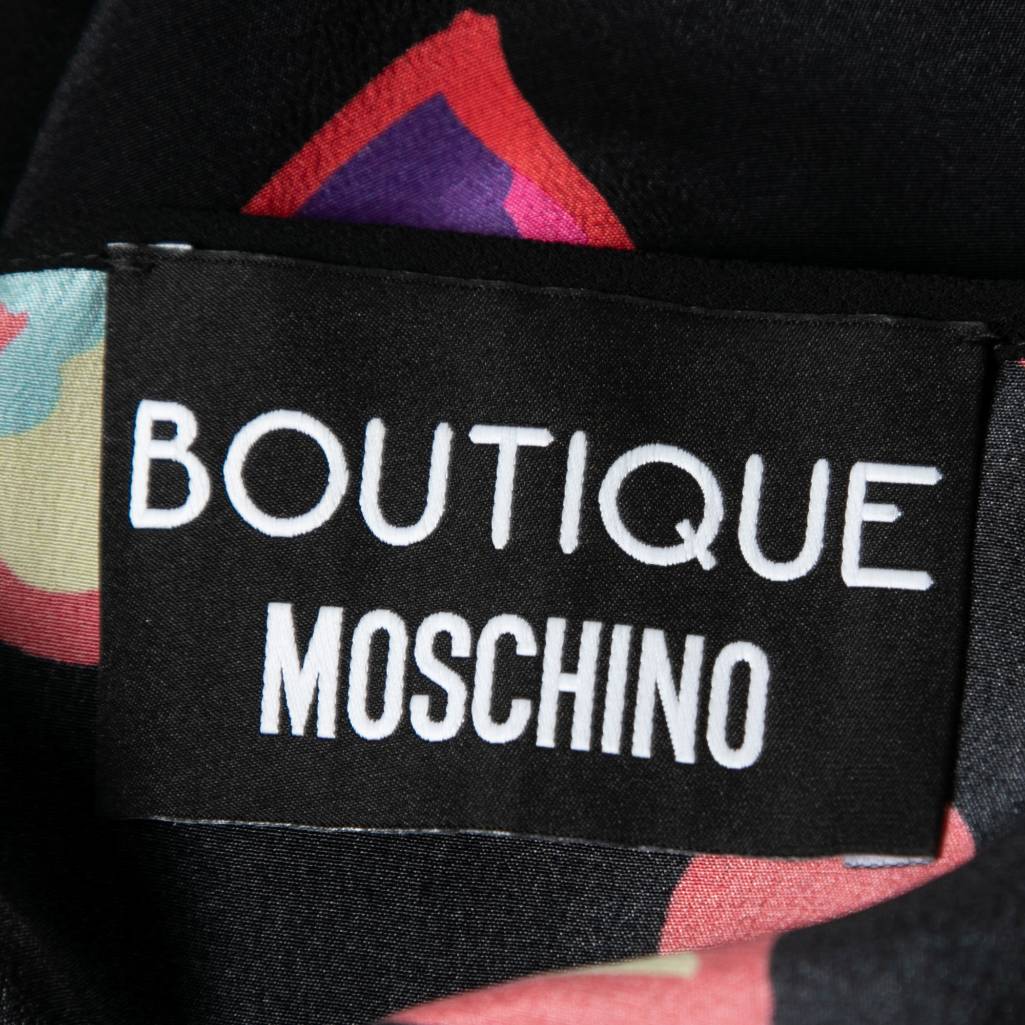 Boutique Moschino Black Heart Print Silk Ruffle Front Top L