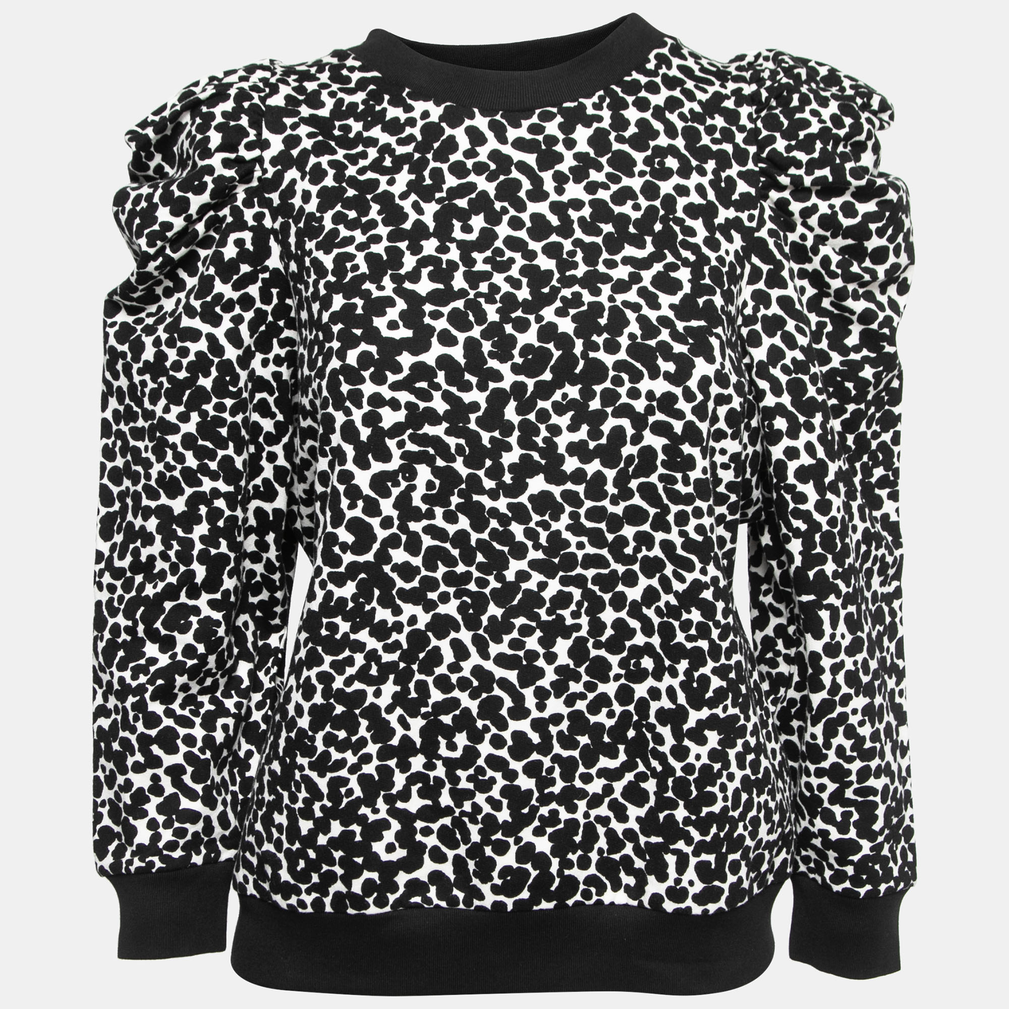 Boutique Moschino White/Black Printed Cotton Ruched Sleeve Sweater L