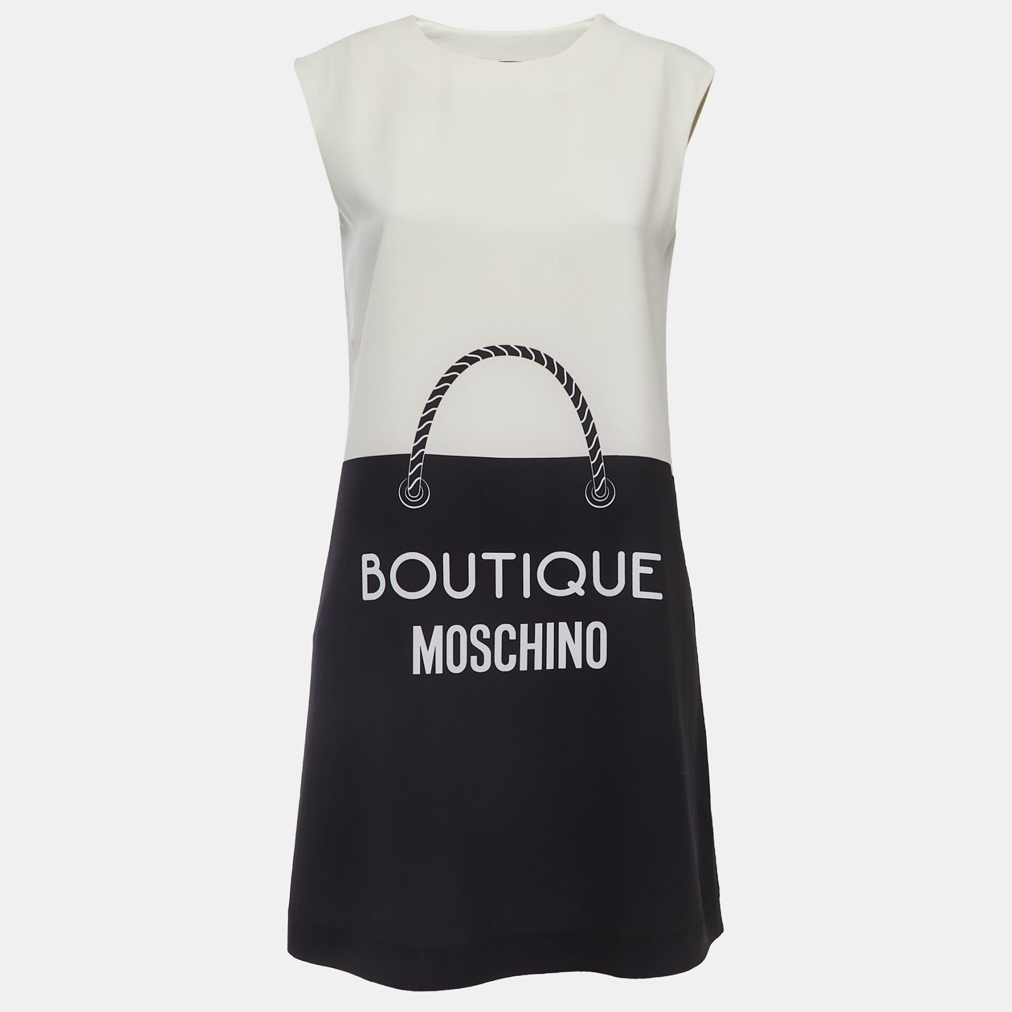 Boutique Moschino Cream/Black Logo Print Crepe Sleeveless Mini Dress S