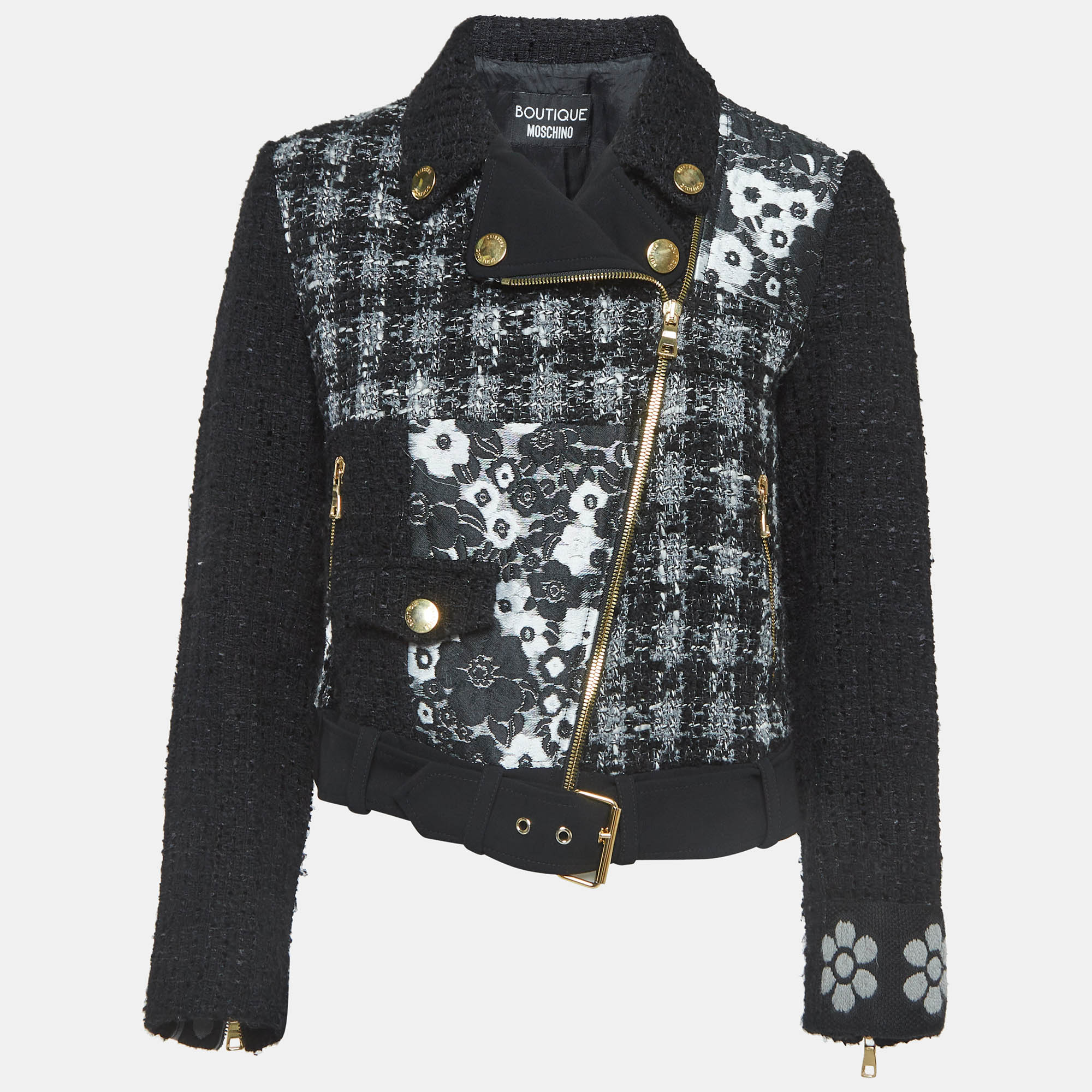 Boutique moschino monochrome jacquard trim tweed zipper jacket m