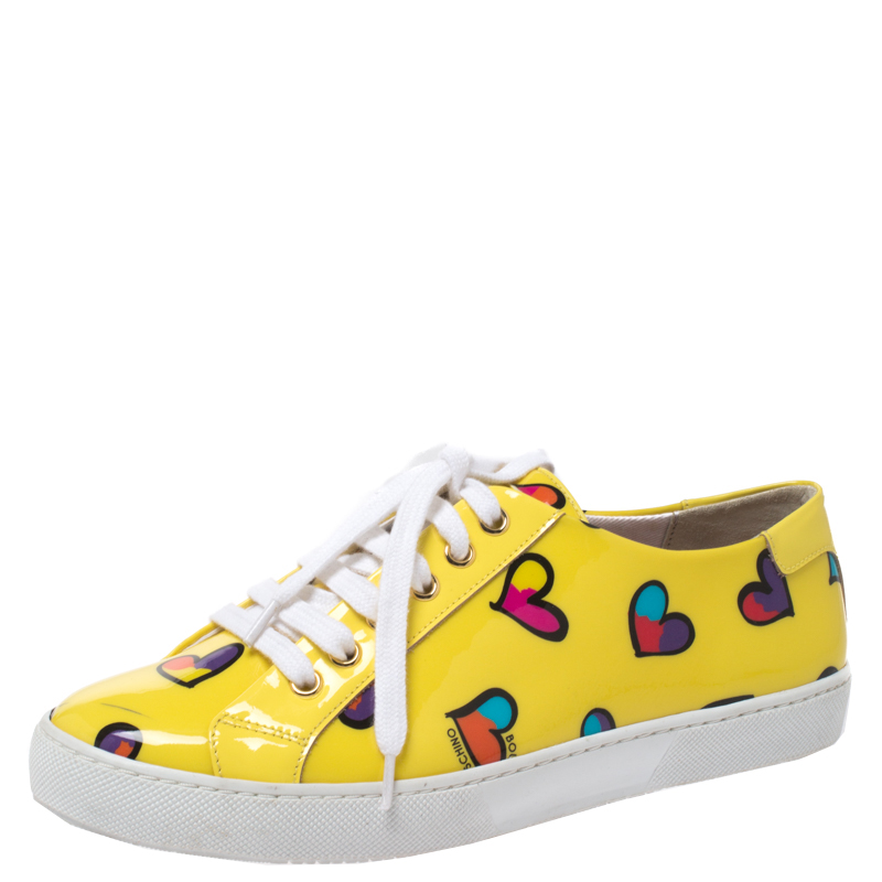 Image of Boutique Moschino Yellow Patent Leather Heart Low Top Lace Up Sneakers Size