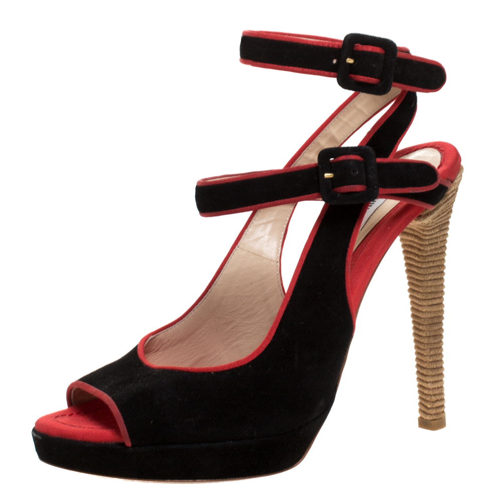Image of Boutique Moschino Black/Red Suede And Grosgrain Trim Platform Ankle Strap Sandals Size