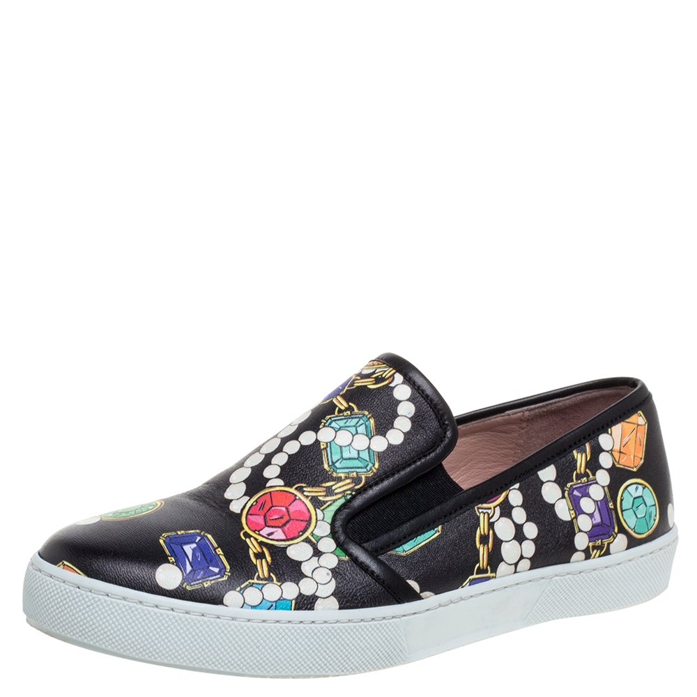 Image of Boutique Moschino Black Crystal Printed Leather Slip-on Sneakers Size