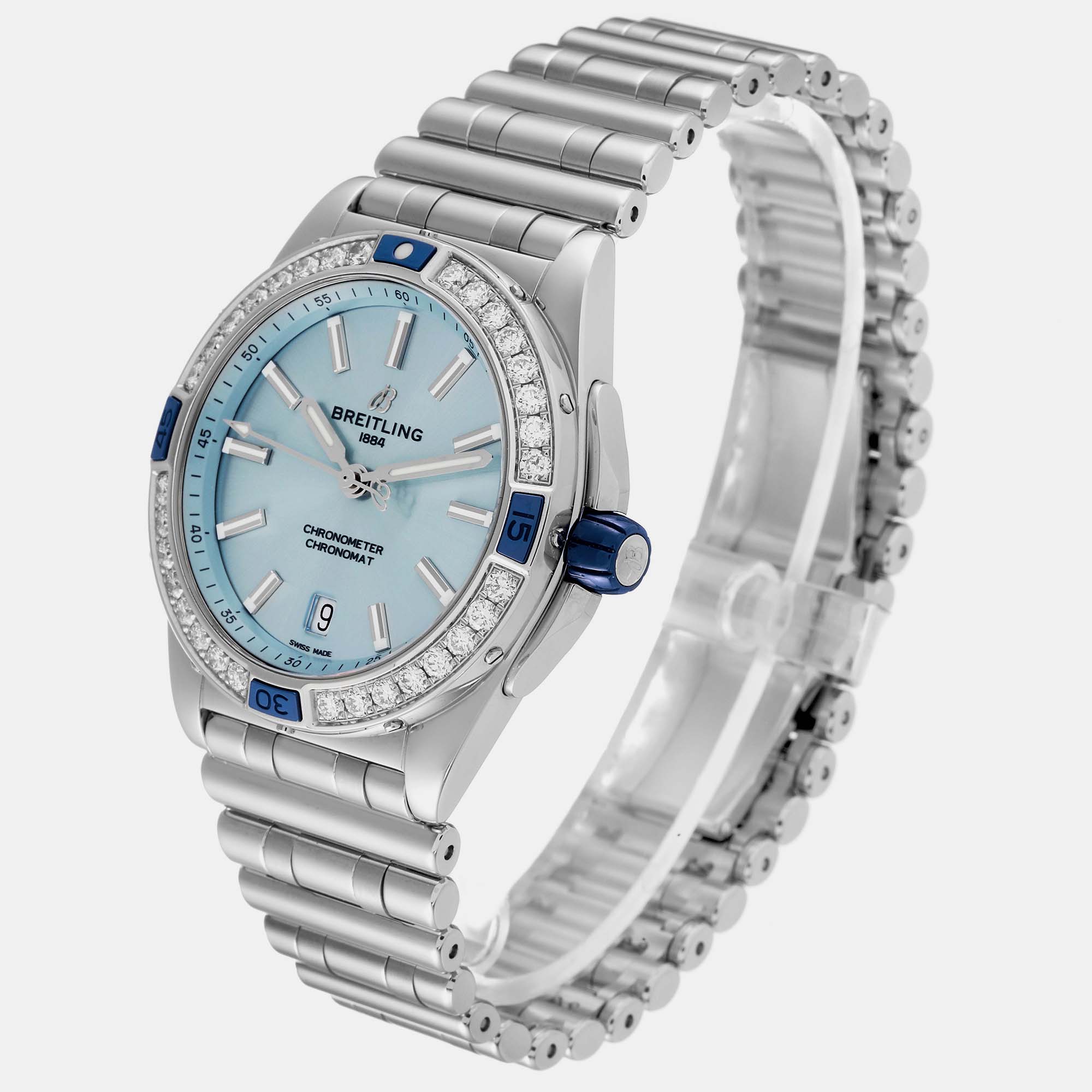 Breitling Blue Diamond Stainless Steel Chronomat A17356 Automatic Women's Wristwatch 38 Mm